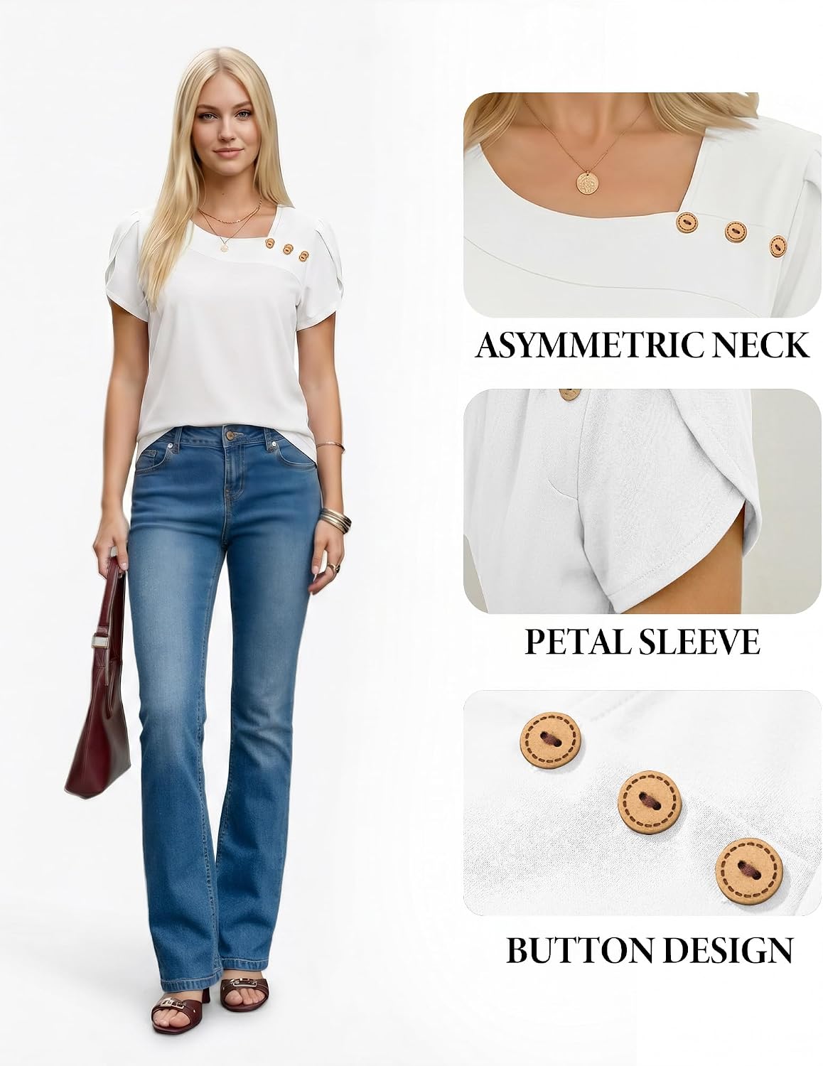 Detalle de ALGALAROUND Women's Asymmetric Neck Tops: Short Petal Sleeve Shirt Tunic Blouse