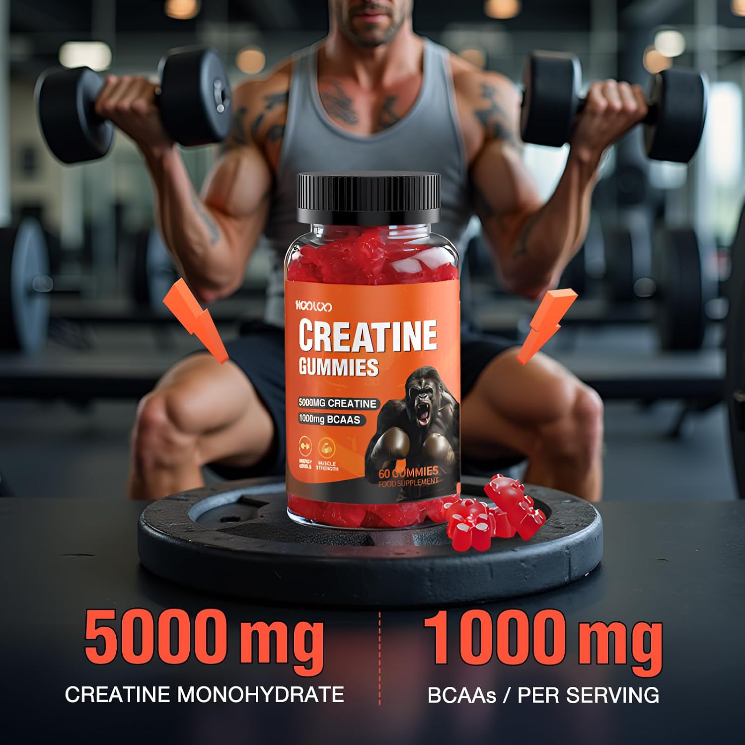 Detalle de HOOLOO Creatine Gummies 5000mg with 1000mg BCAAs — 60 Count