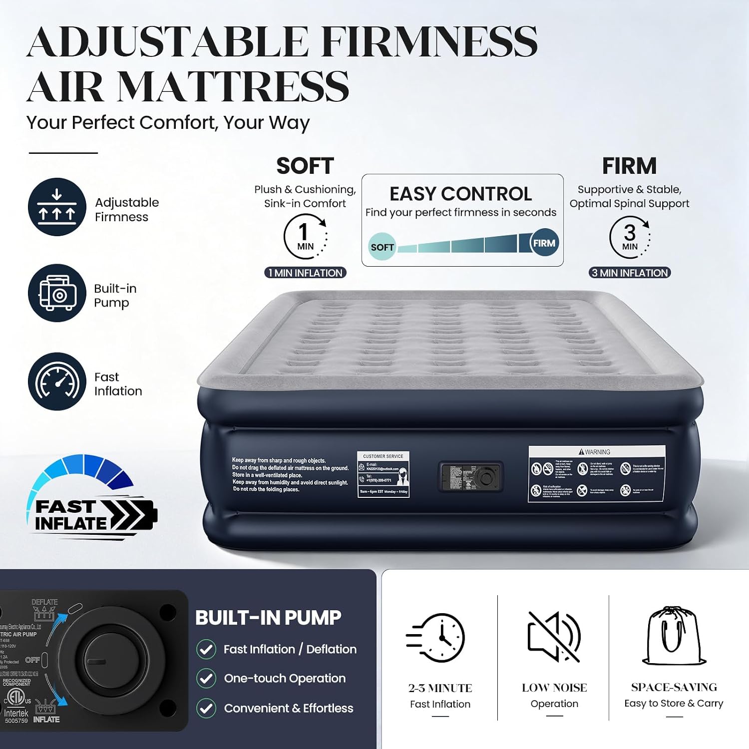 Detalle 2 de KNZZO KZ-Blue-Q-6018 Queen Air Mattress, 18-Inch with Built-In Pump