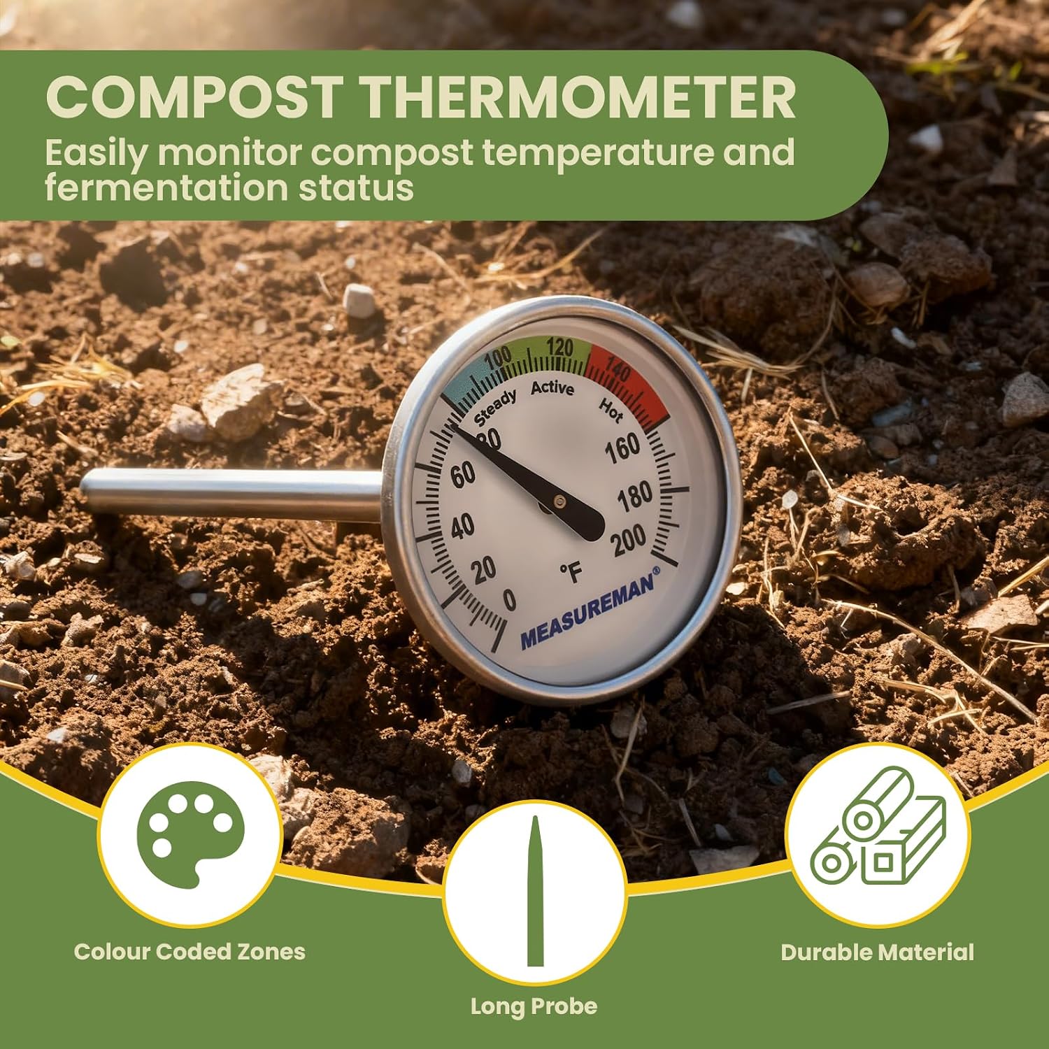Detalle 2 de MEASUREMAN MC072 Compost Thermometer, 16-Inch Probe, 1.75-Inch Dial, 0–200°F