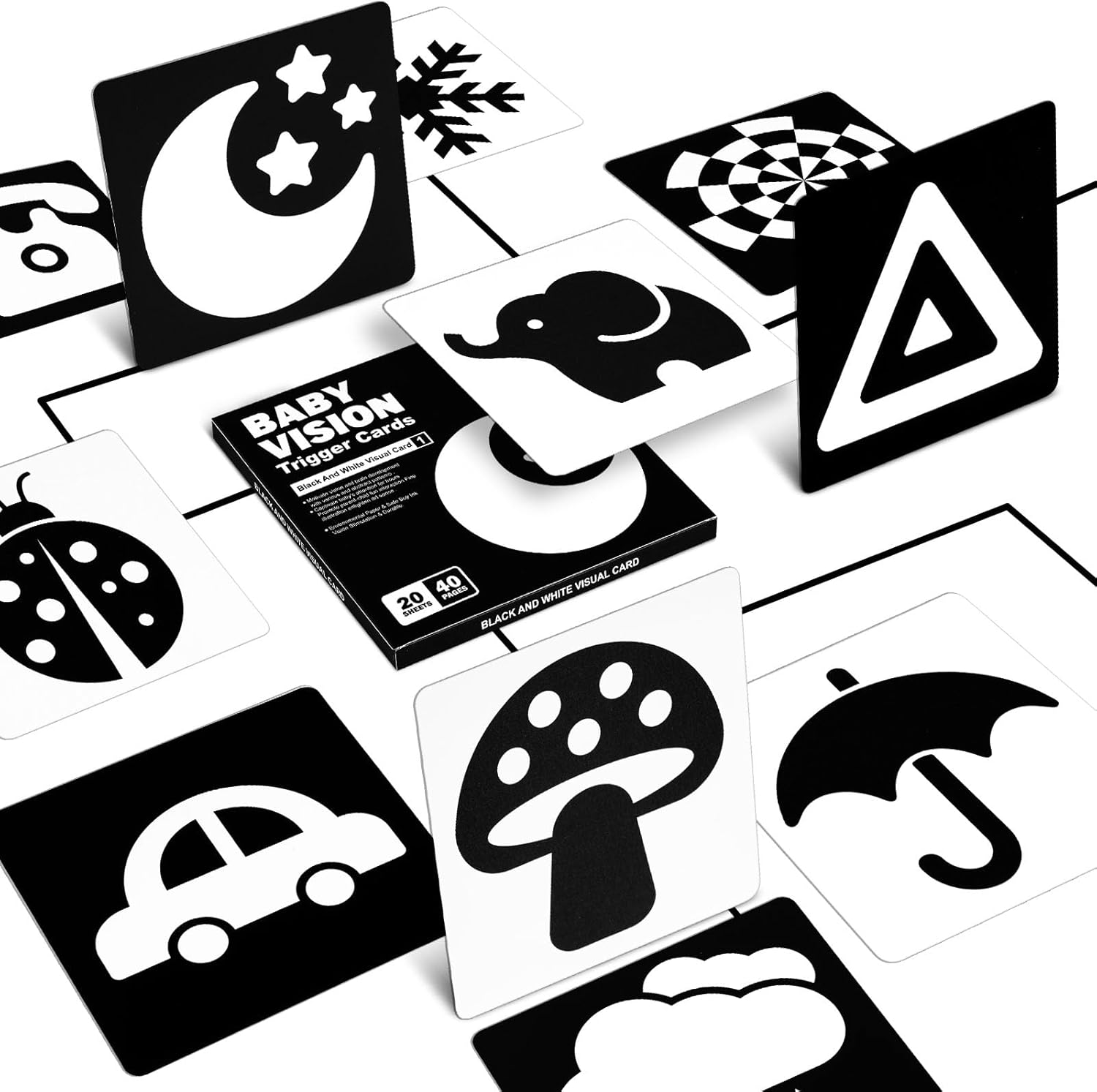 Aolso Flash Cards Neonati in bianco e nero ad alto contrasto (20 pezzi) per stimolazione visiva 0-3 mesi