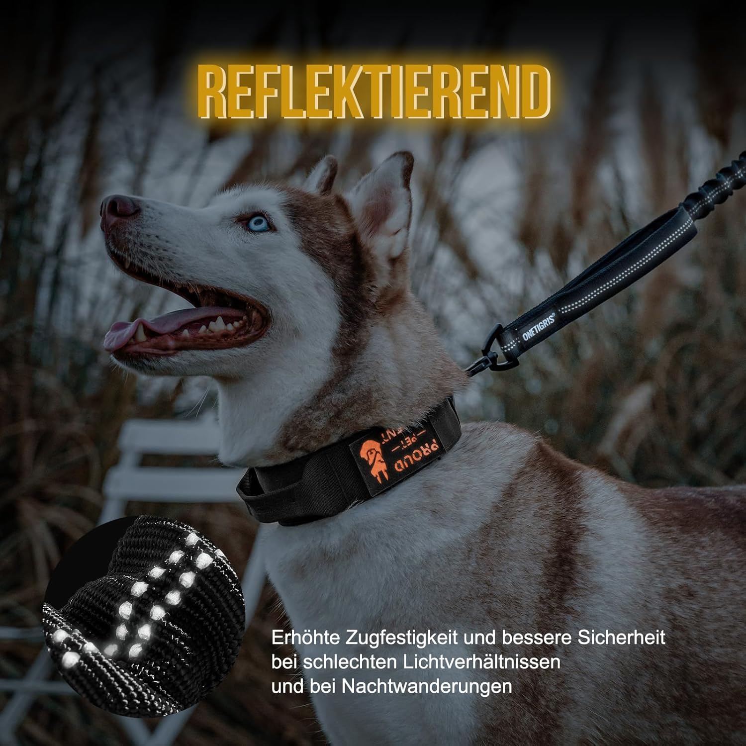 Thumbnail 5 de OneTigris Laisse pour chien 152–188 cm – design Bungee Jumping, clip en métal taillé tigre et deux rembourrages, nylon réfléchissant