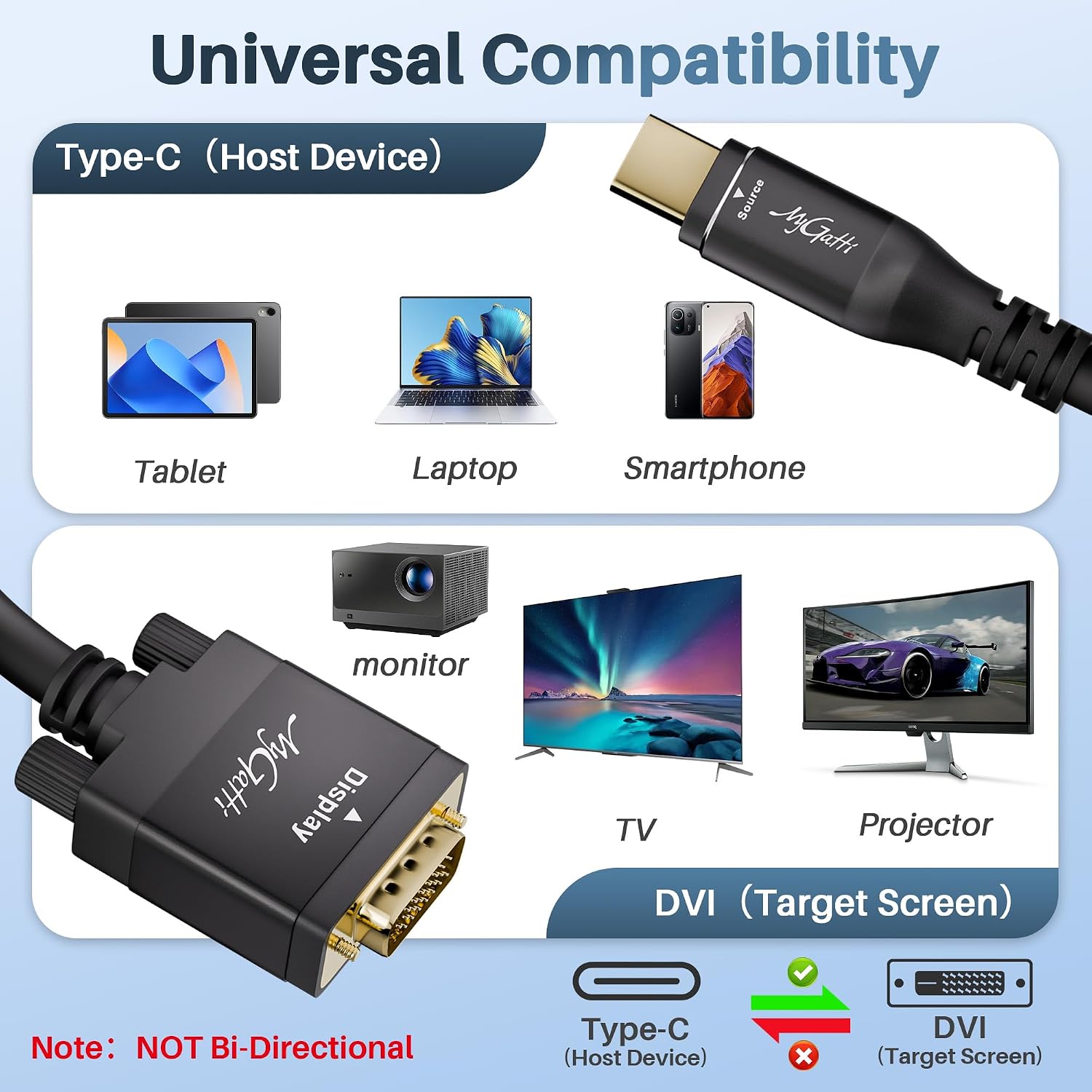 Detalle 2 de Mygatti USB-C auf DVI Kabel 5 m (4K@30 Hz, Plug-and-Play) für Monitor, Projektor & TV