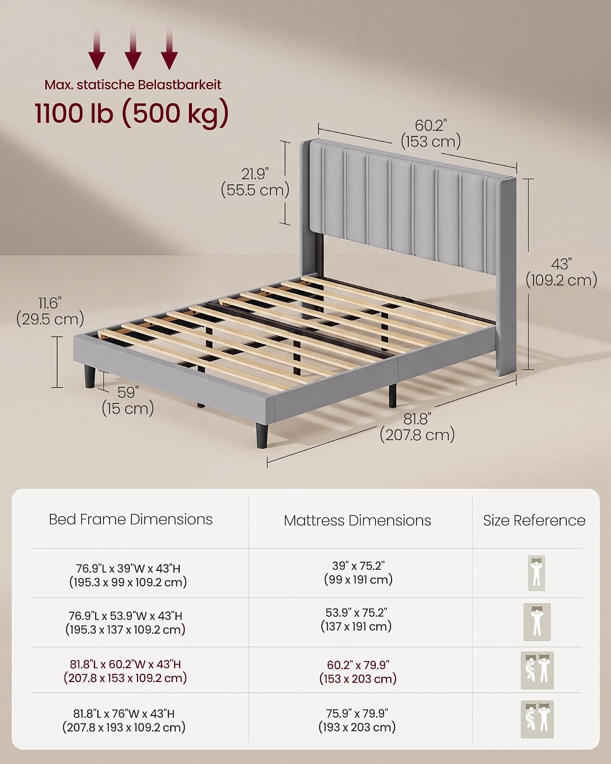 Detalle 2 de VASAGLE URMB681G101 Queen Bed Frame, Velvet Wingback Headboard, Dove Gray
