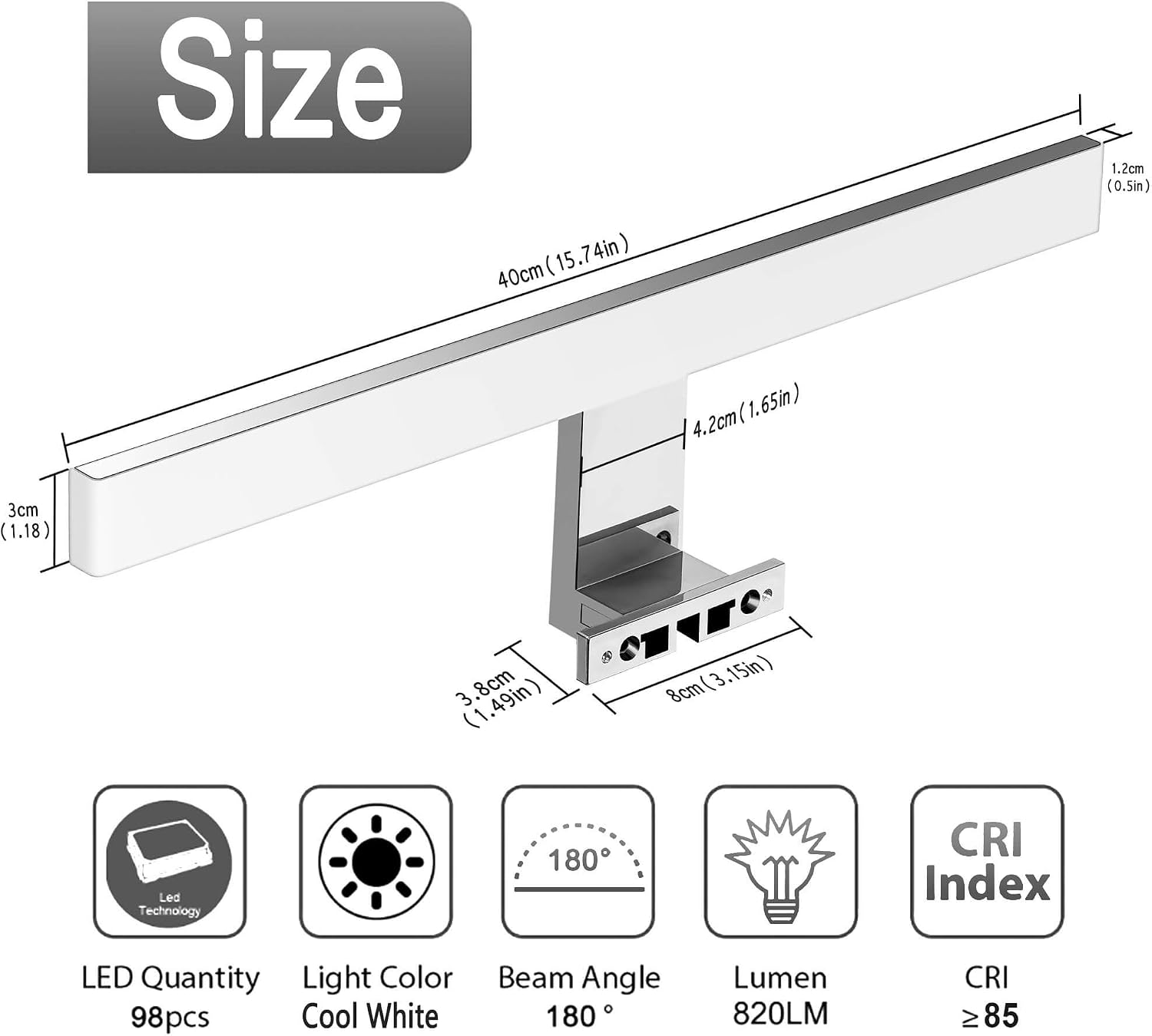 Thumbnail 2 de Azhien LED-Spiegelleuchte fürs Badezimmer 10 W, 820 lm, 40 cm, Kaltweiß 6500 K, IP44 (3in1 Montage, 230 V)