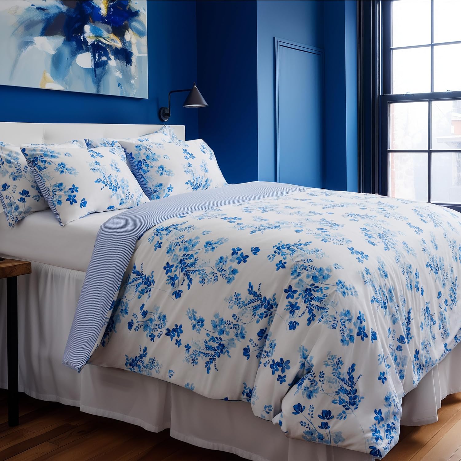 Thumbnail 6 de LERUUM Bettwäsche-Set Baumwolle 155x220 (Blau/Weiß gestreift & Blumen) inkl. Kissenbezug 80x80