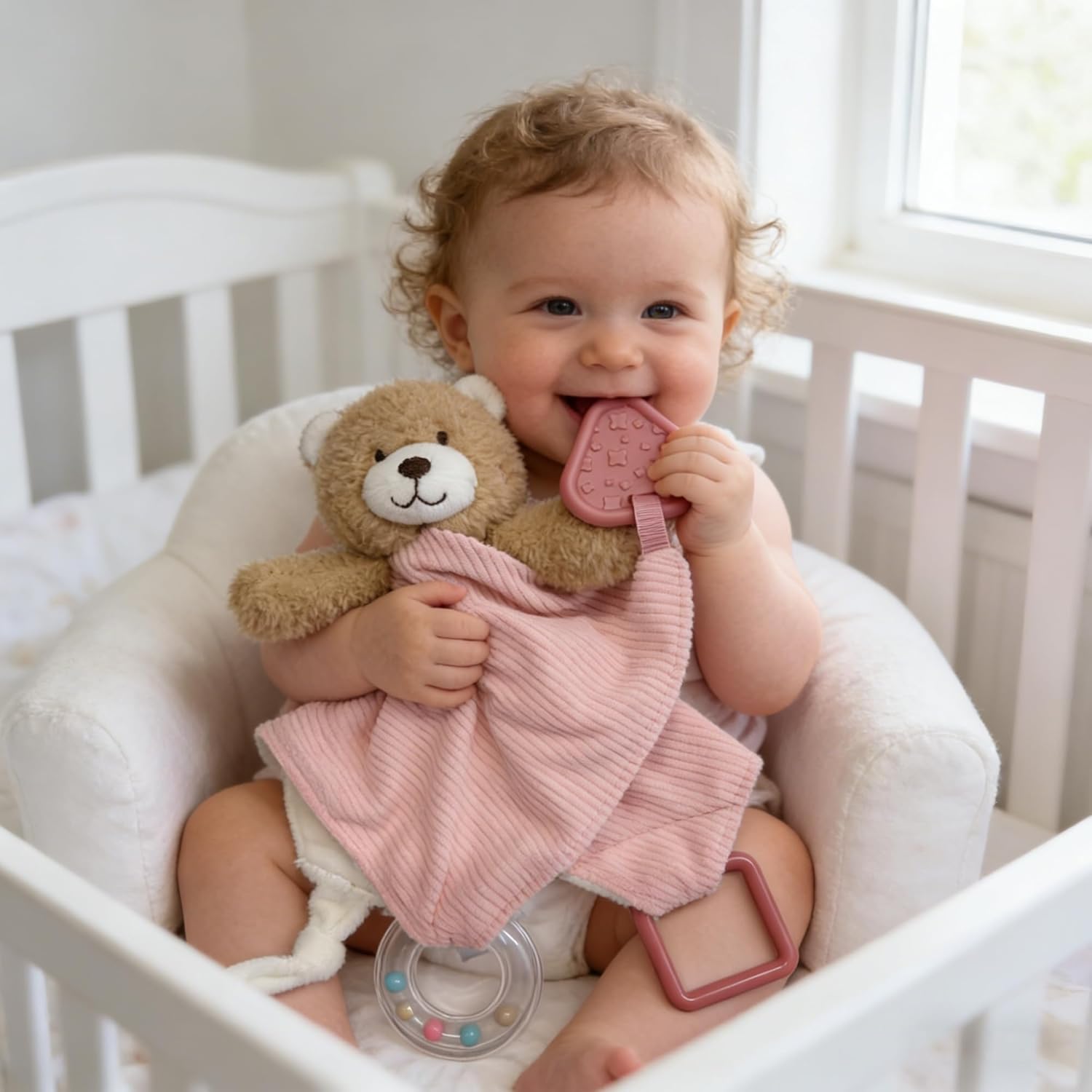Thumbnail 4 de CREVENT 3-in-1 Baby Lovey Blanket with Teether & Rattle – Pink Bear