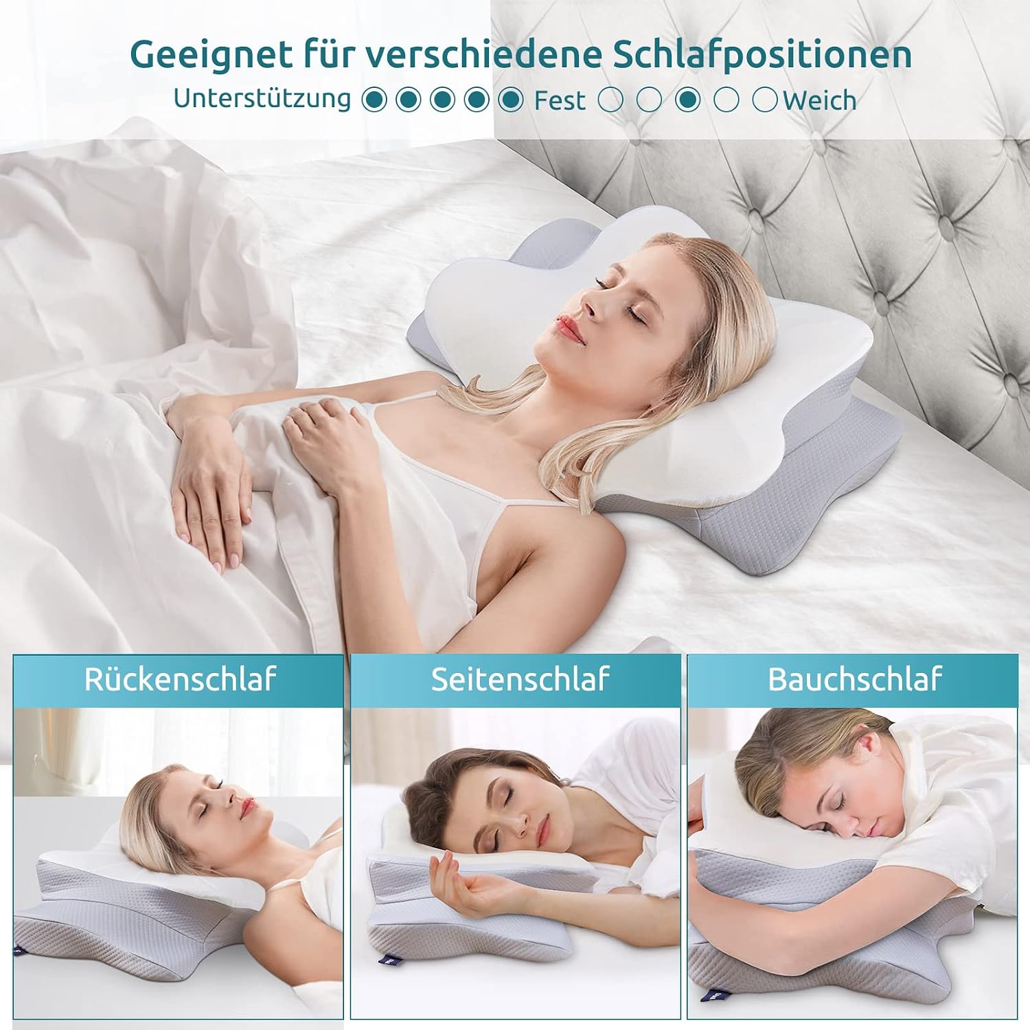Detalle de DONAMA Memory Foam Nackenkissen – ergonomisches Kissen mit zwei Höheneinstellungen für Seiten-, Rücken- und Bauchschläfer