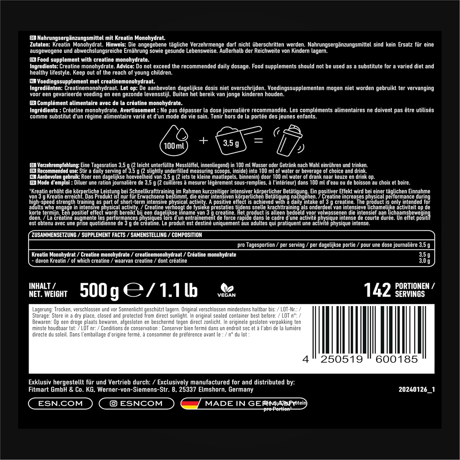 Thumbnail 2 de ESN Ultrapure Creatine Monohydrate 500 g – Kreatinpulver