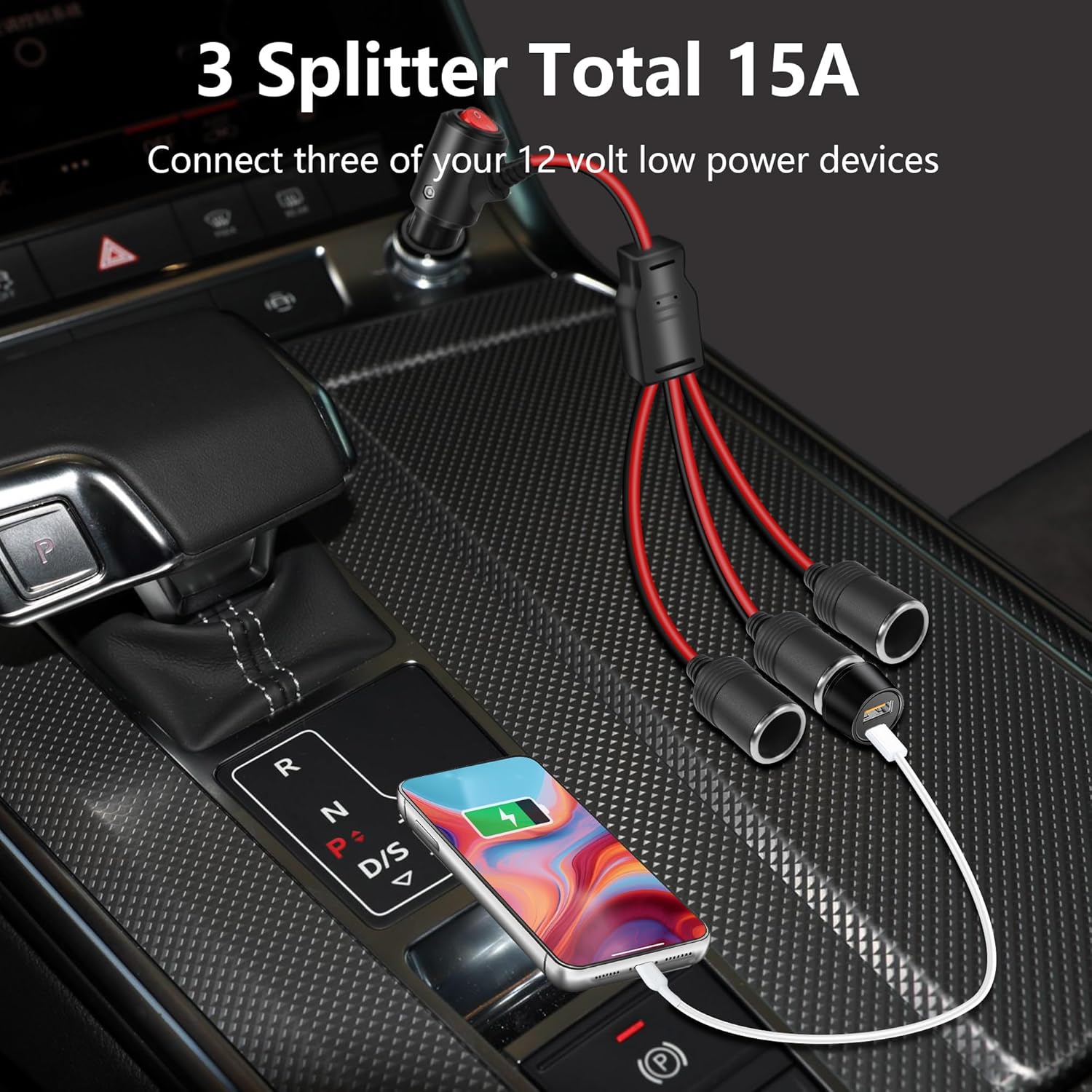 Thumbnail 1 de GELRHONR 12V car cigarette lighter splitter extension cable with on/off switch (1 to 3 ports, 15A fuse)