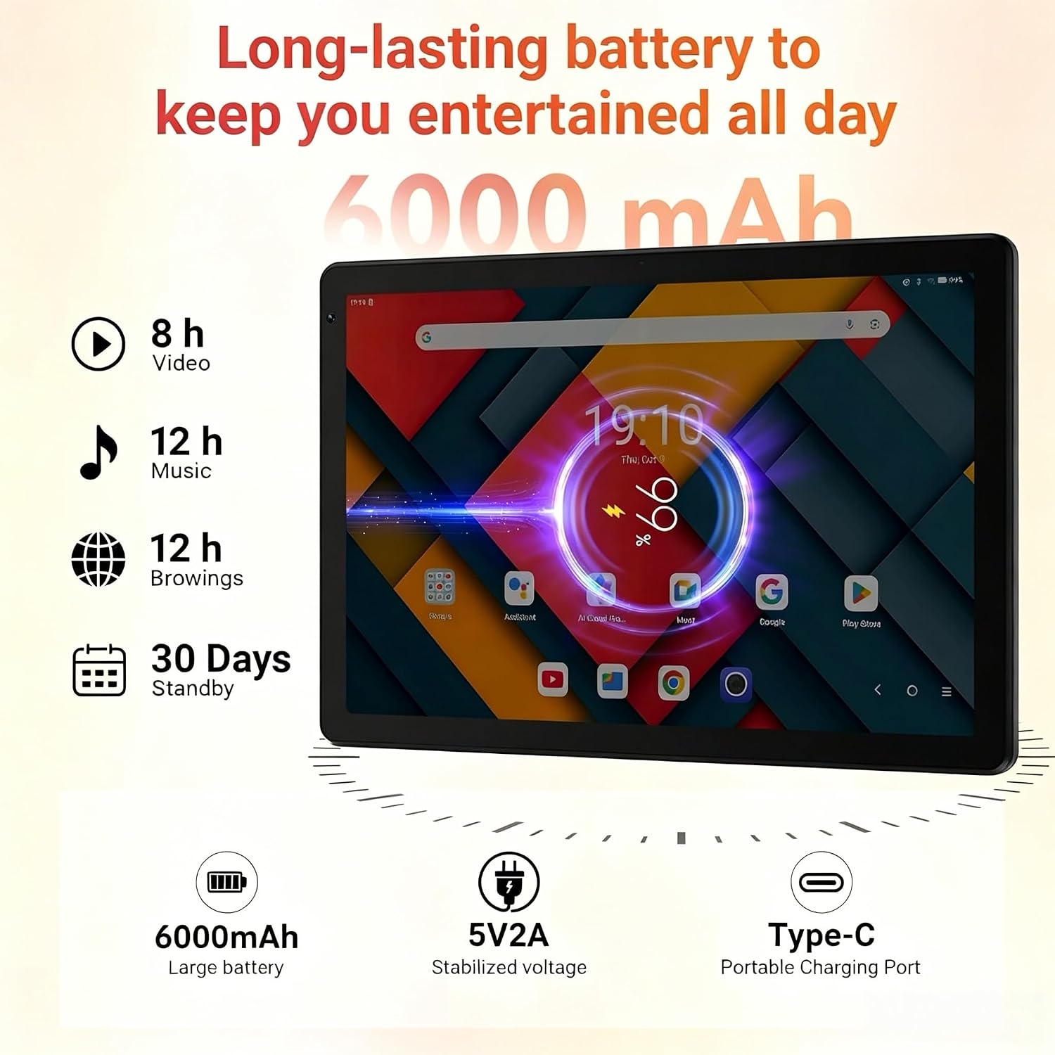 Detalle 2 de URAO Tablet 10.1" Android 16 Octa-core with 128GB ROM, 36GB RAM, Wi‑Fi 6 & 18W Fast Charge