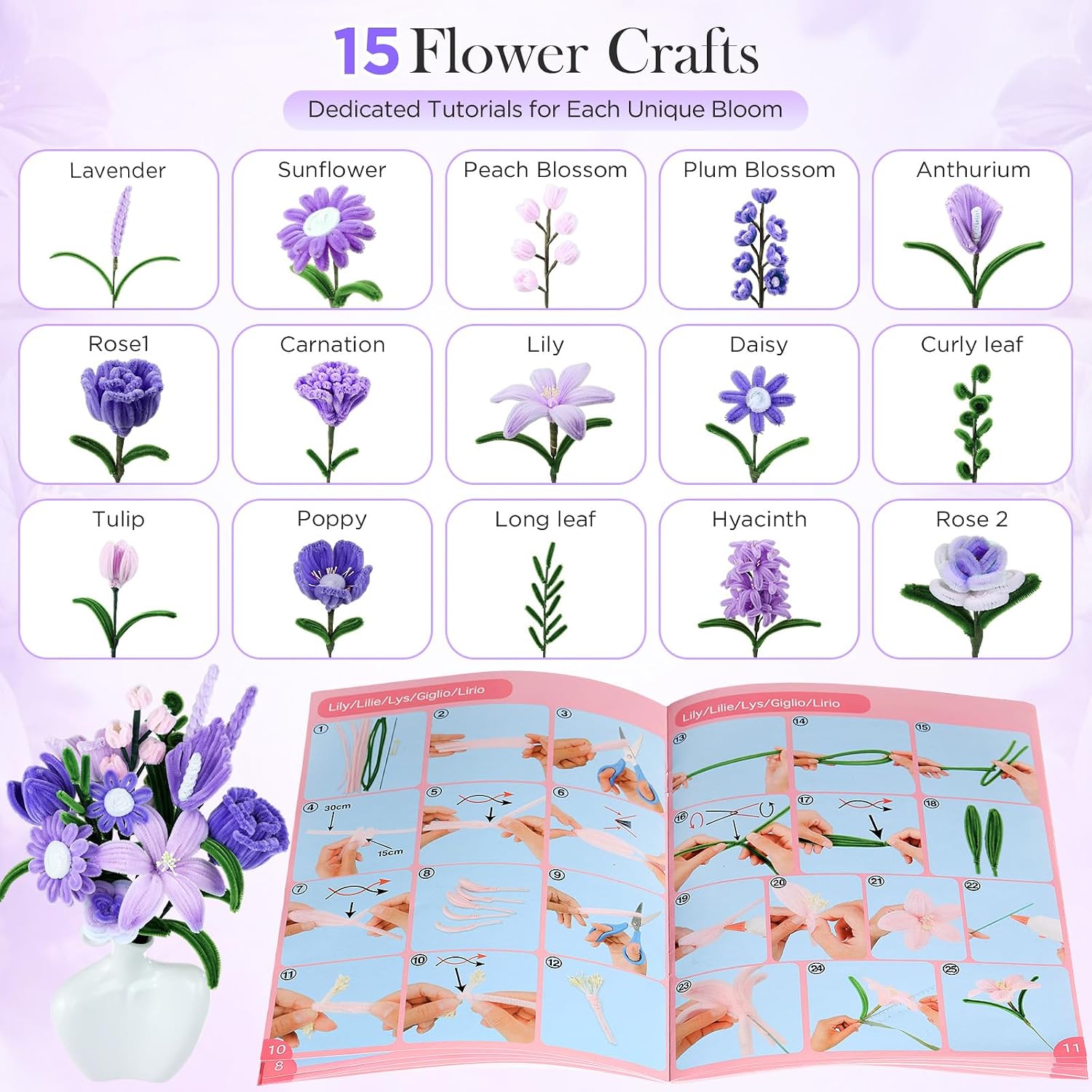 Detalle de Funtopia Pipe Cleaner Flowers: 540-Piece Craft Kit for DIY Bouquets