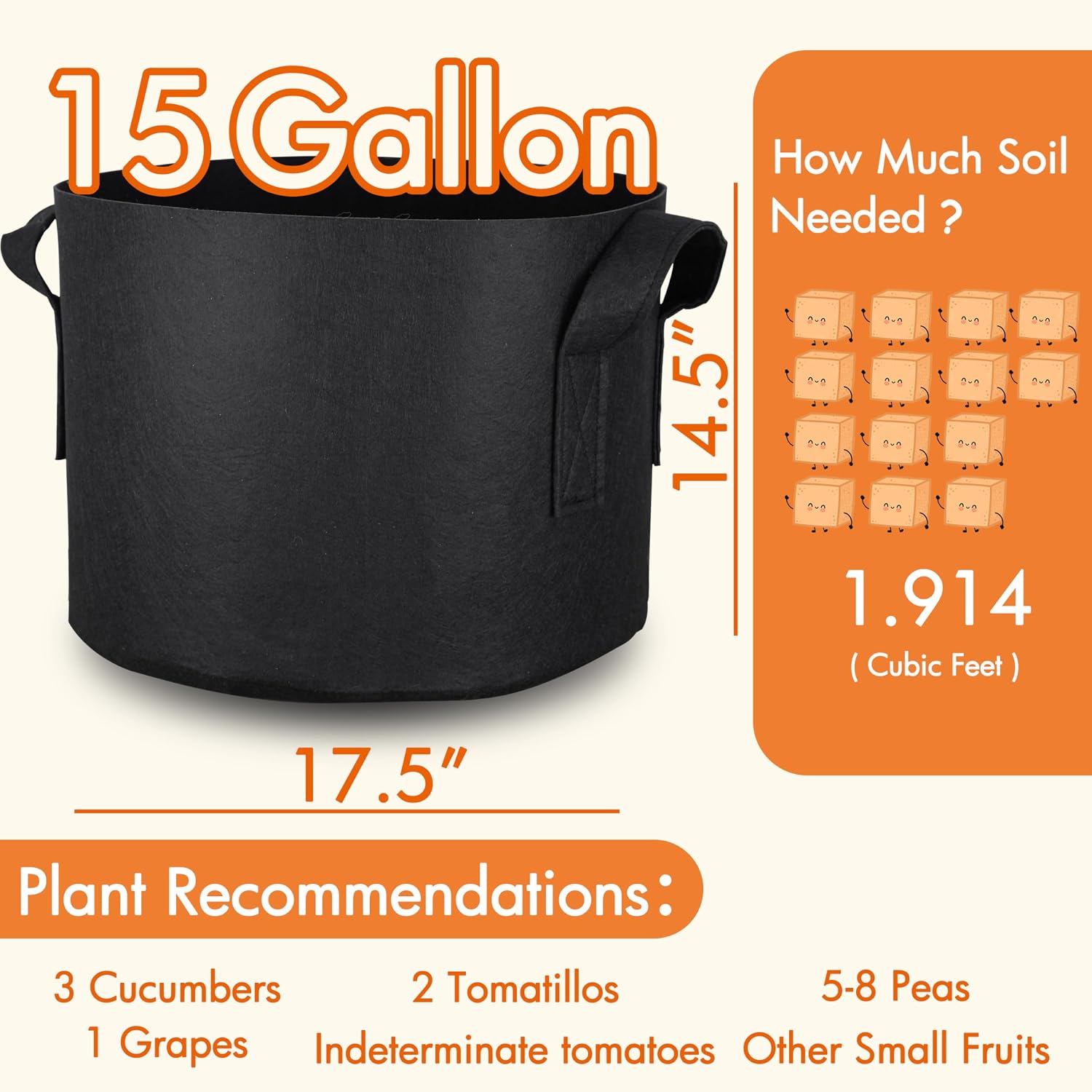Detalle 2 de Gardzen GGB-15G 15-Gallon Grow Bags, 10-Pack, 300G Fabric, Reinforced Handles