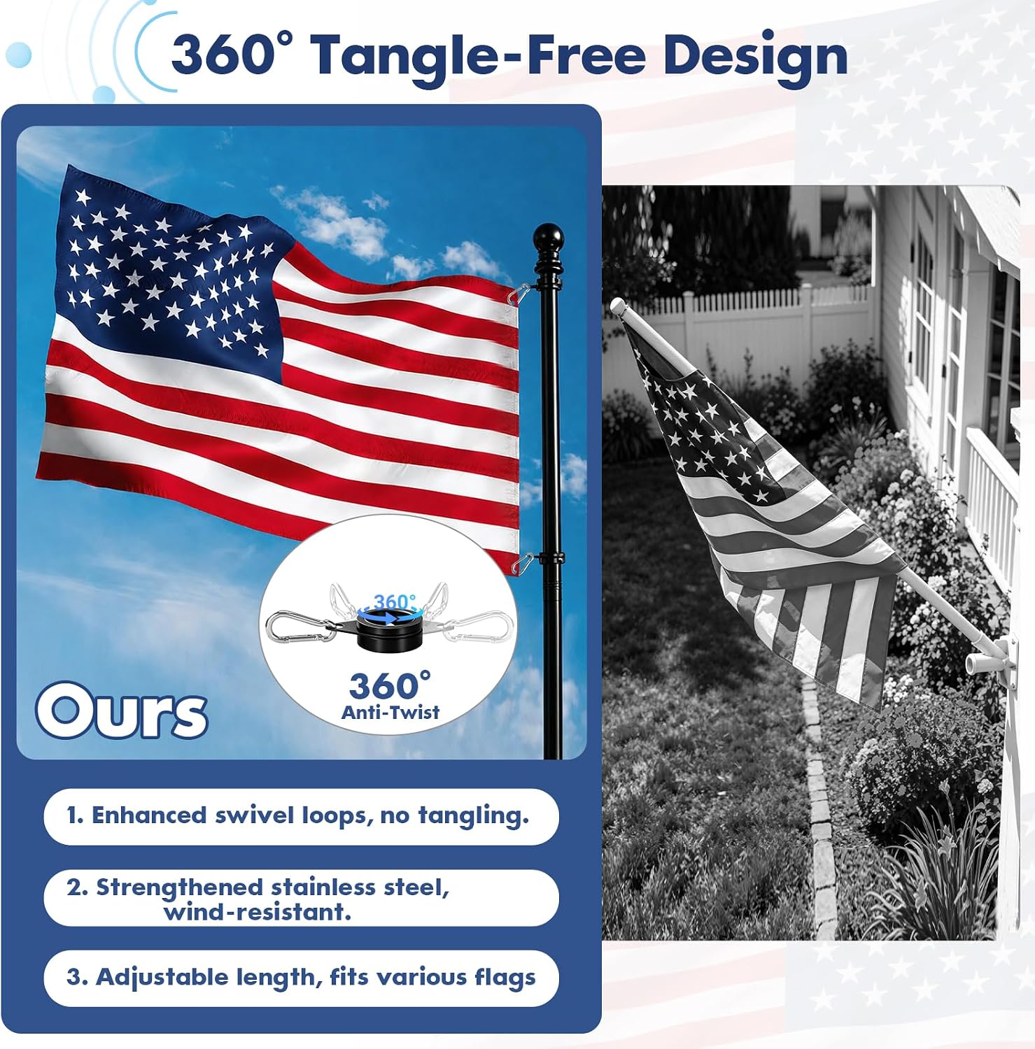 Detalle de Anovo FC001 7 ft Flagpole Kit, Black Stainless Steel with Rotating Rings