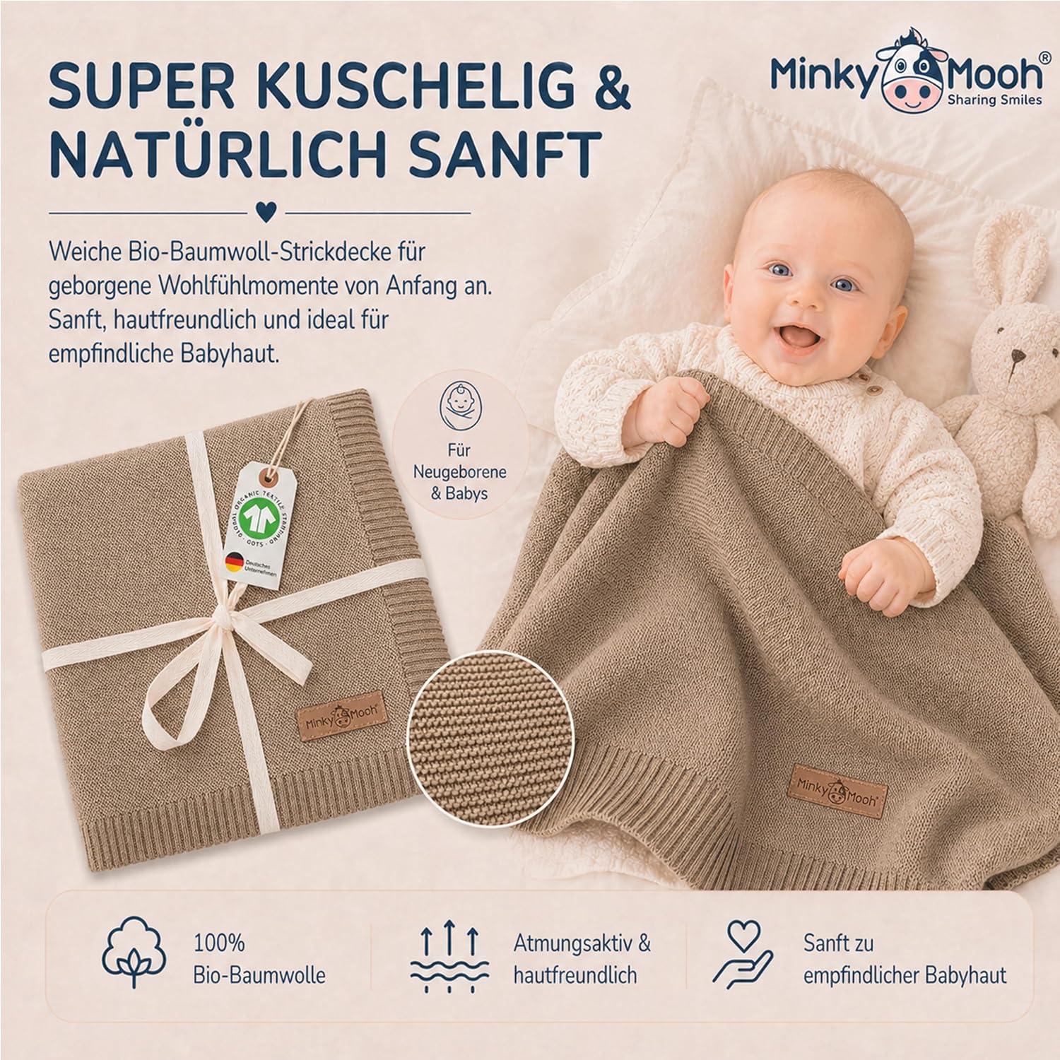 Thumbnail 1 de Minky Mooh® Babydecke aus 100% Bio-Baumwolle, Öko-Tex 100, Taupe 94 x 72 cm