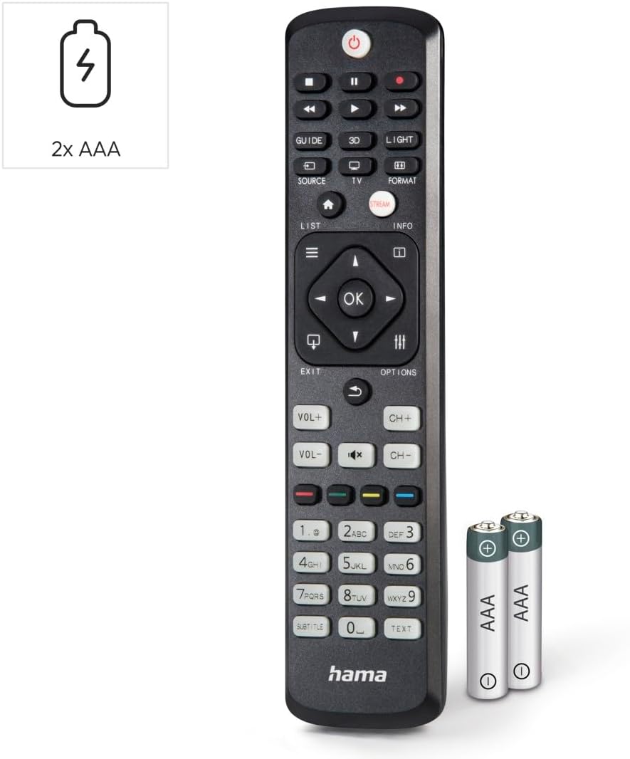 Detalle de Hama lernfähige Universal-Fernbedienung für Philips TVs, Infrarot, selbstleuchtende Tasten, Easy Mode & 10 m Reichweite (schwarz)