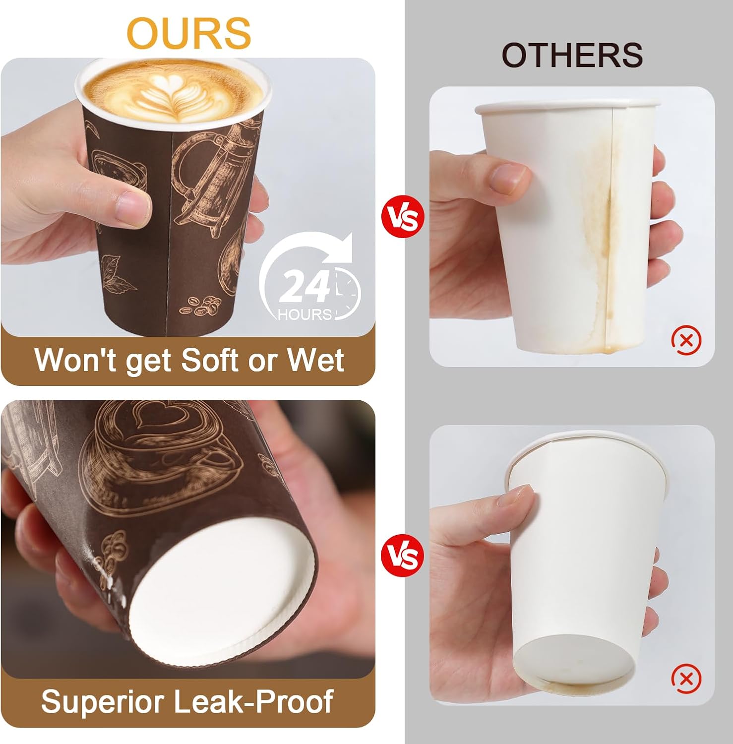 Detalle 2 de Huifany 12 oz Paper Coffee Cups (180 Pack) – Thickened, Leak-Proof, BPA-Free for Hot & Cold Beverages