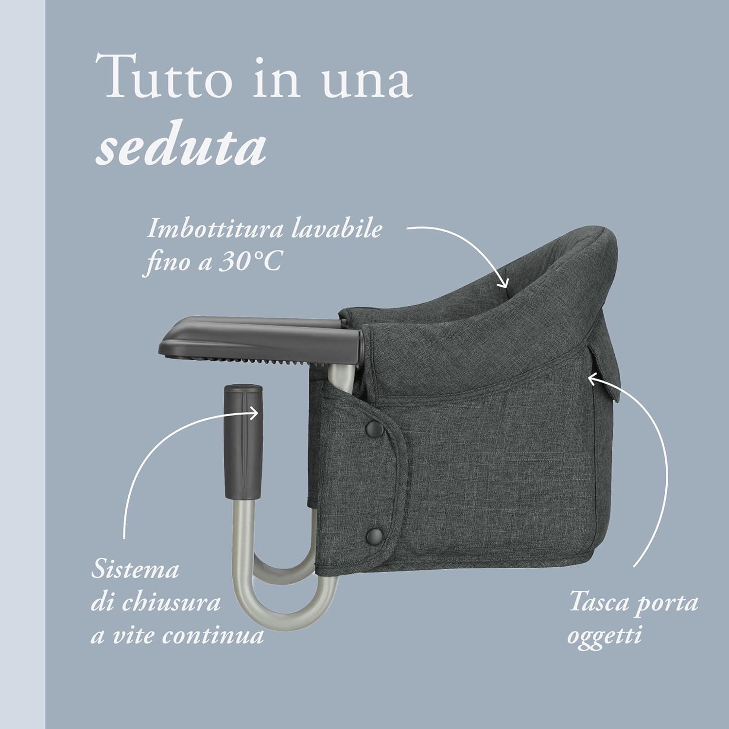 Detalle de Inglesina Fast: Seggiolino da Tavolo Pieghevole in Grigio Scuro, sicuro, lavabile e ultra-portatile