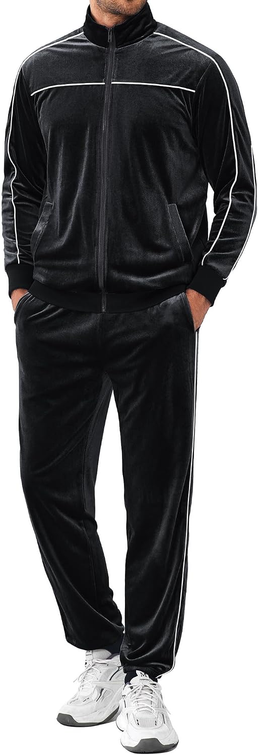 Detalle de COOFANDY Men's Velour Tracksuit Set with Full-Zip Jacket and Drawstring Pants