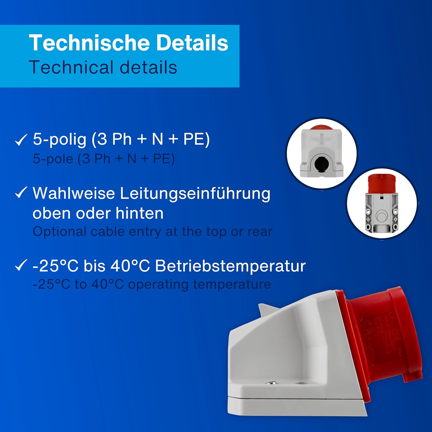 Thumbnail 2 de REV CEE Stecker Wandmontage 400V 16A, 5-polig, IP44 – robuster Drehstrom-Stecker
