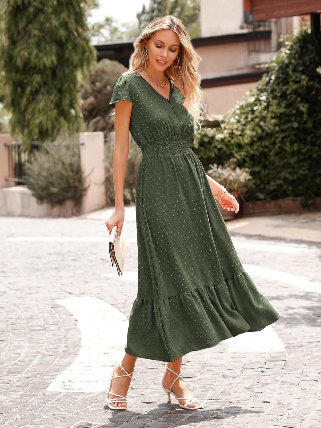 Detalle de PrettyGarden Womens Dresses 2026 Summer Maxi Dress: Boho Swiss Dot, V-Neck, Smocked Waist