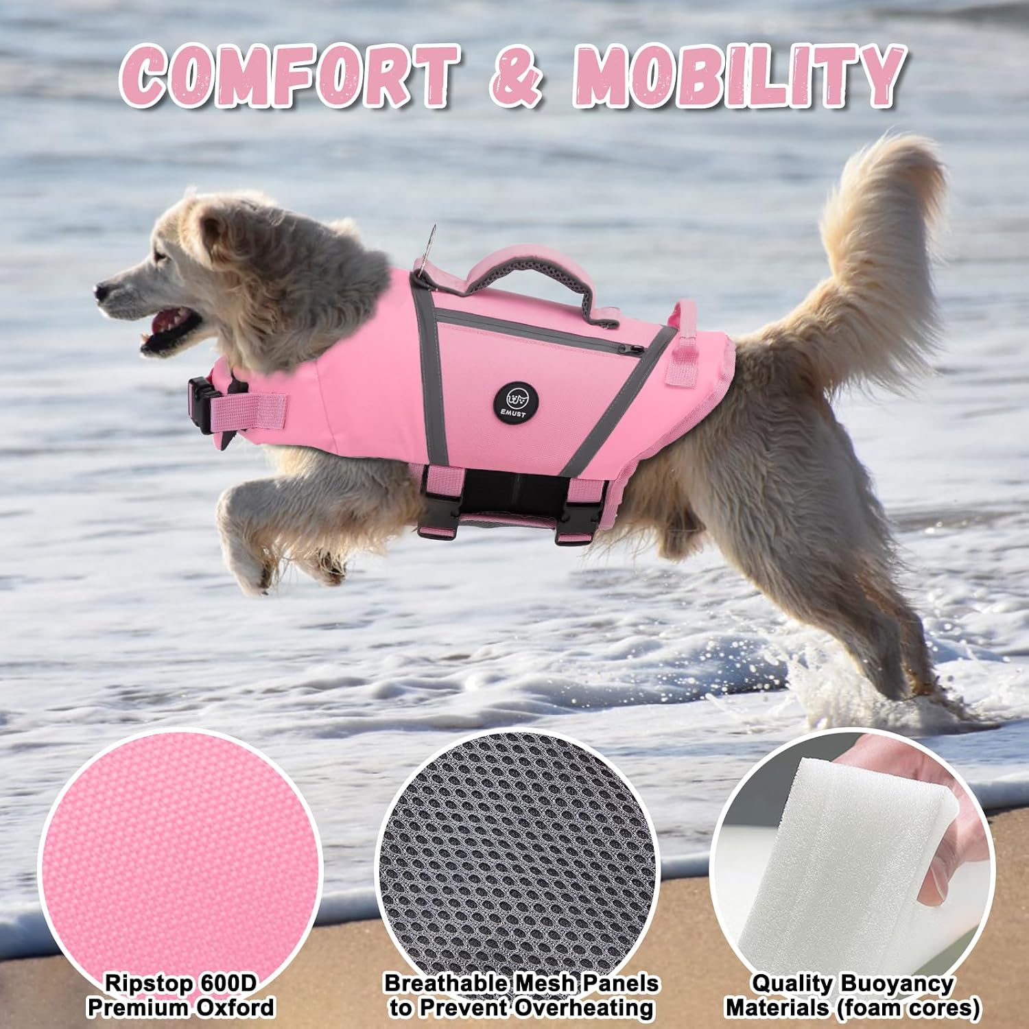 Detalle de EMUST Dog Flotation Vest – high-visibility dog life jacket with adjustable straps (SakuraPink, L)