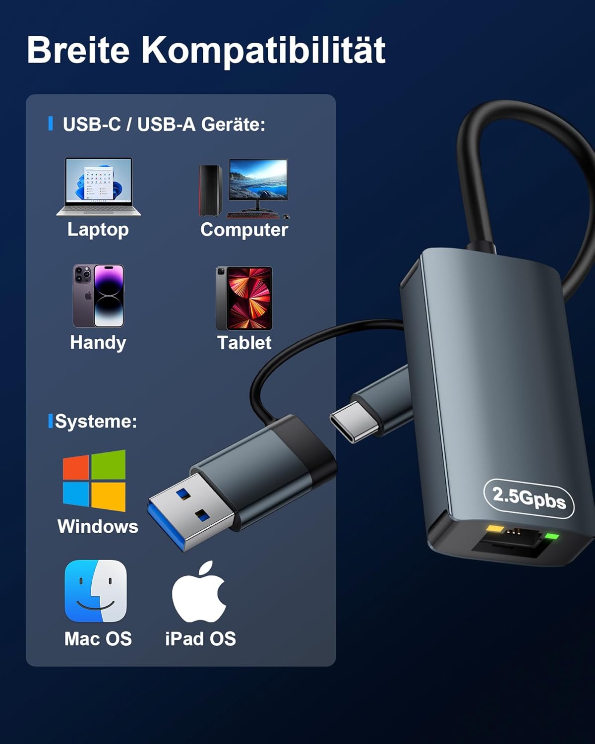 Thumbnail 6 de USB-C Ethernet Adapter 1000M mit Hub – Gigabit LAN, 3x USB‑3.0 & 1x Type‑C Port (2,5G LAN)