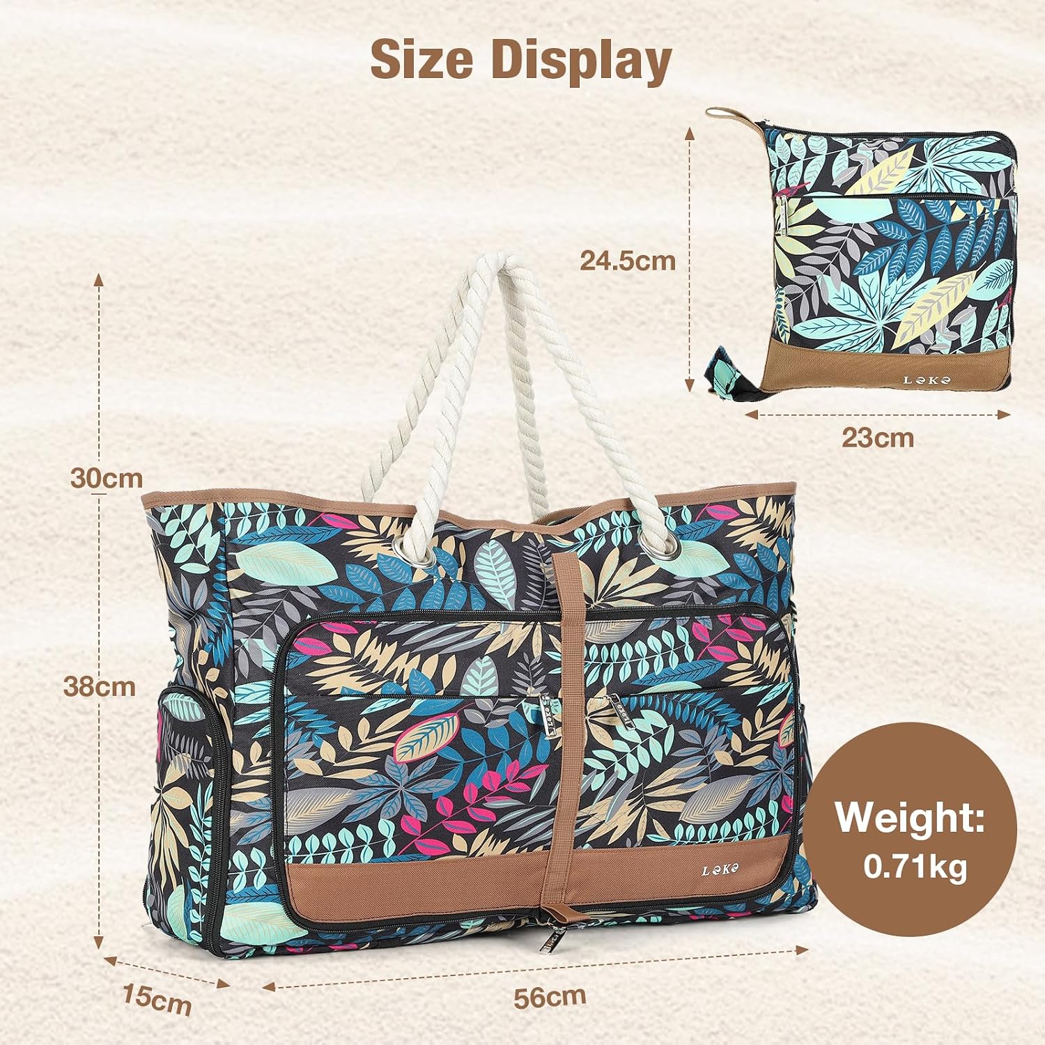 Detalle de Lekespring Strandtasche Damen Groß mit Reißverschluss – Vielseitiger Shopper für Strand, Badetag und Reisekoffer (Blauer Dschungel)