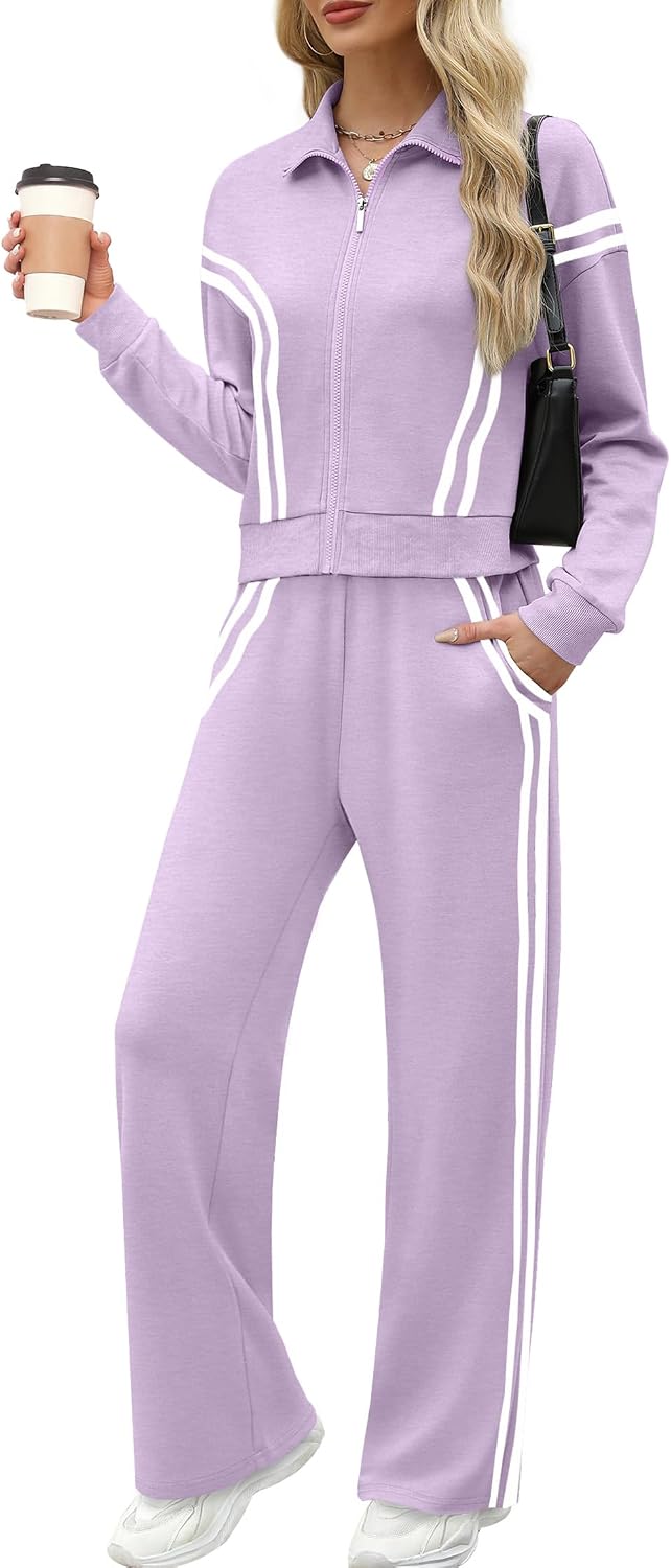 Detalle de XIEERDUO Women's Lounge Set with Full-Zip Sweatshirt and Wide-Leg Pants