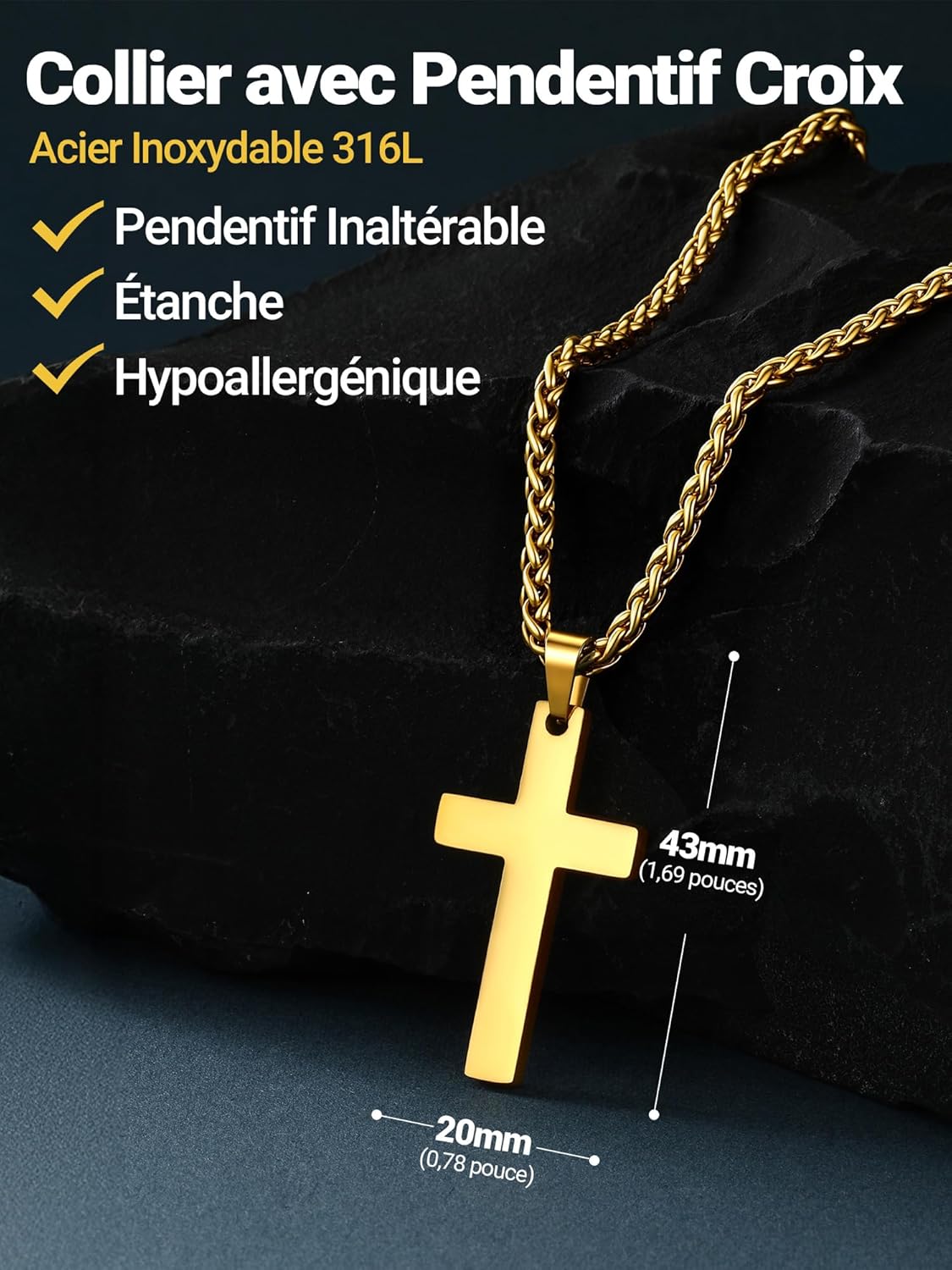Thumbnail 2 de PROSTEEL Collier croix chrétienne homme en acier inoxydable, pendentif personnalisable (4 couleurs, 2 tailles)