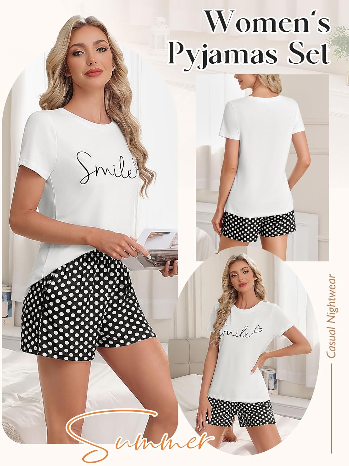 Thumbnail 3 de UMIPUBO Women's Summer Pyjamas Set: Soft Short Sleeve Top & Elasticated Shorts with Pockets