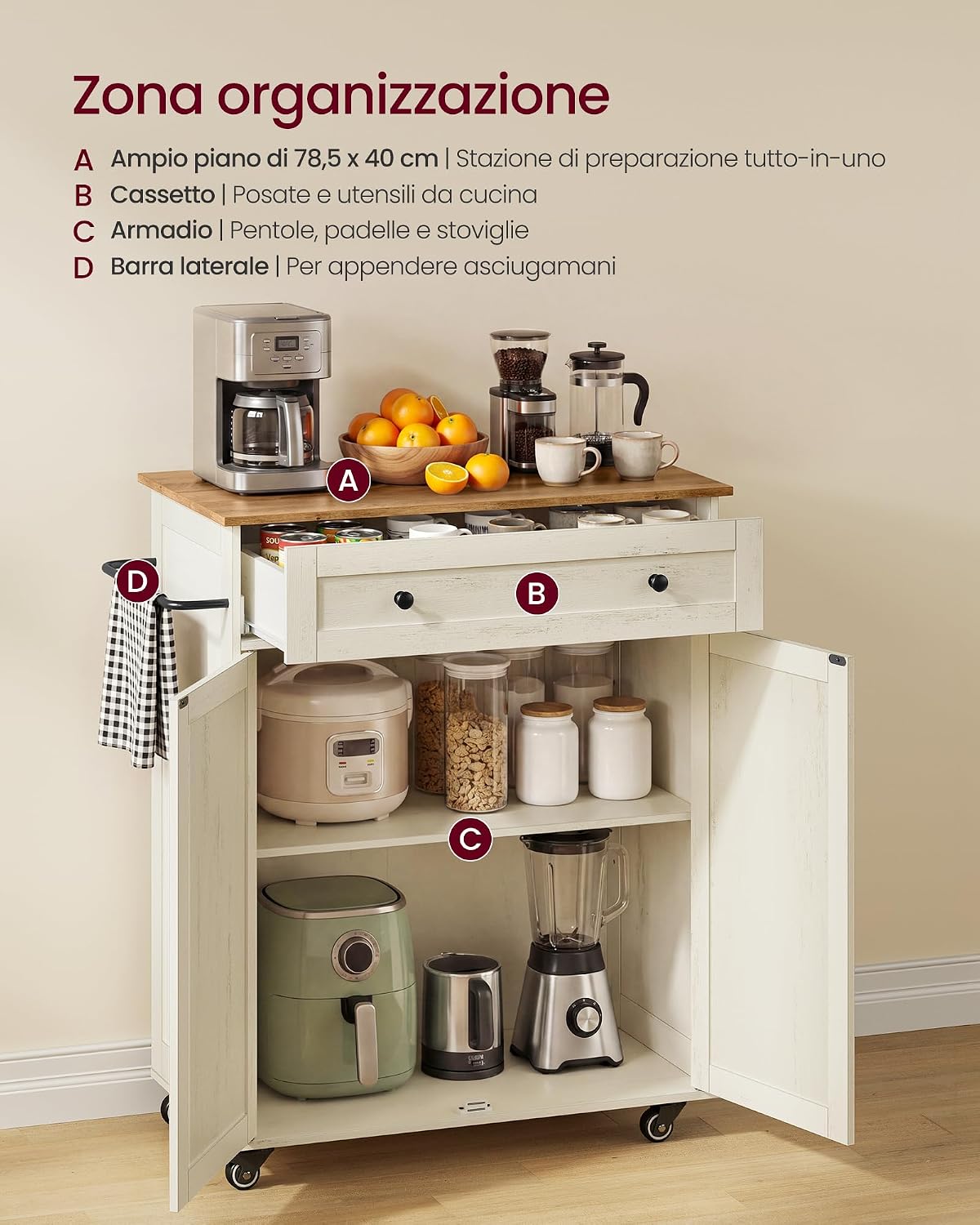 Detalle de VASAGLE SIREN Collezione: Isola da Cucina con Piano di Lavoro 40 x 78,5 x 89,2 cm in Bianco Rustico e Marrone Miele (KKI009WJ01)