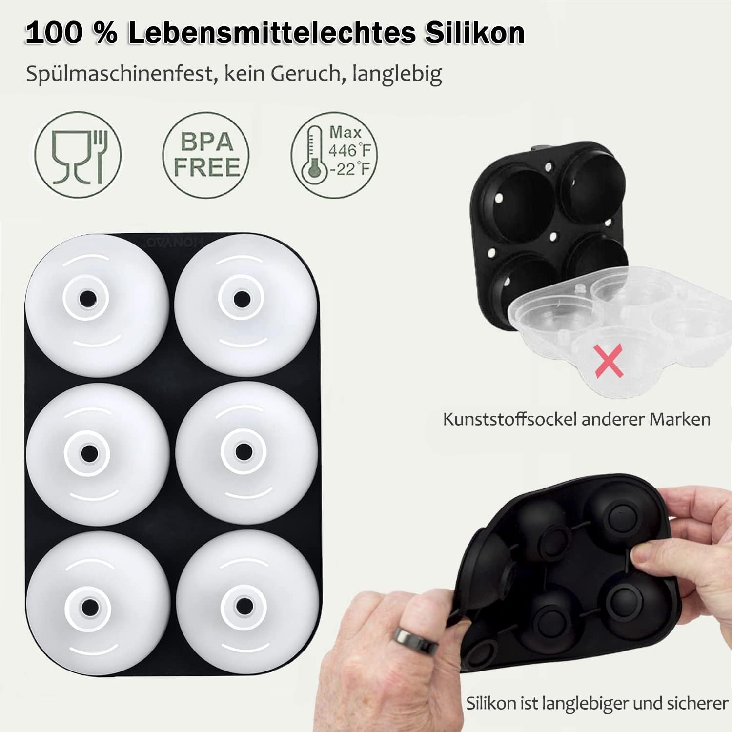Thumbnail 2 de HONYAO Eiswürfelform Kugel Silikon mit Deckel – 6 große Eiskugeln, 5 cm, BPA-frei