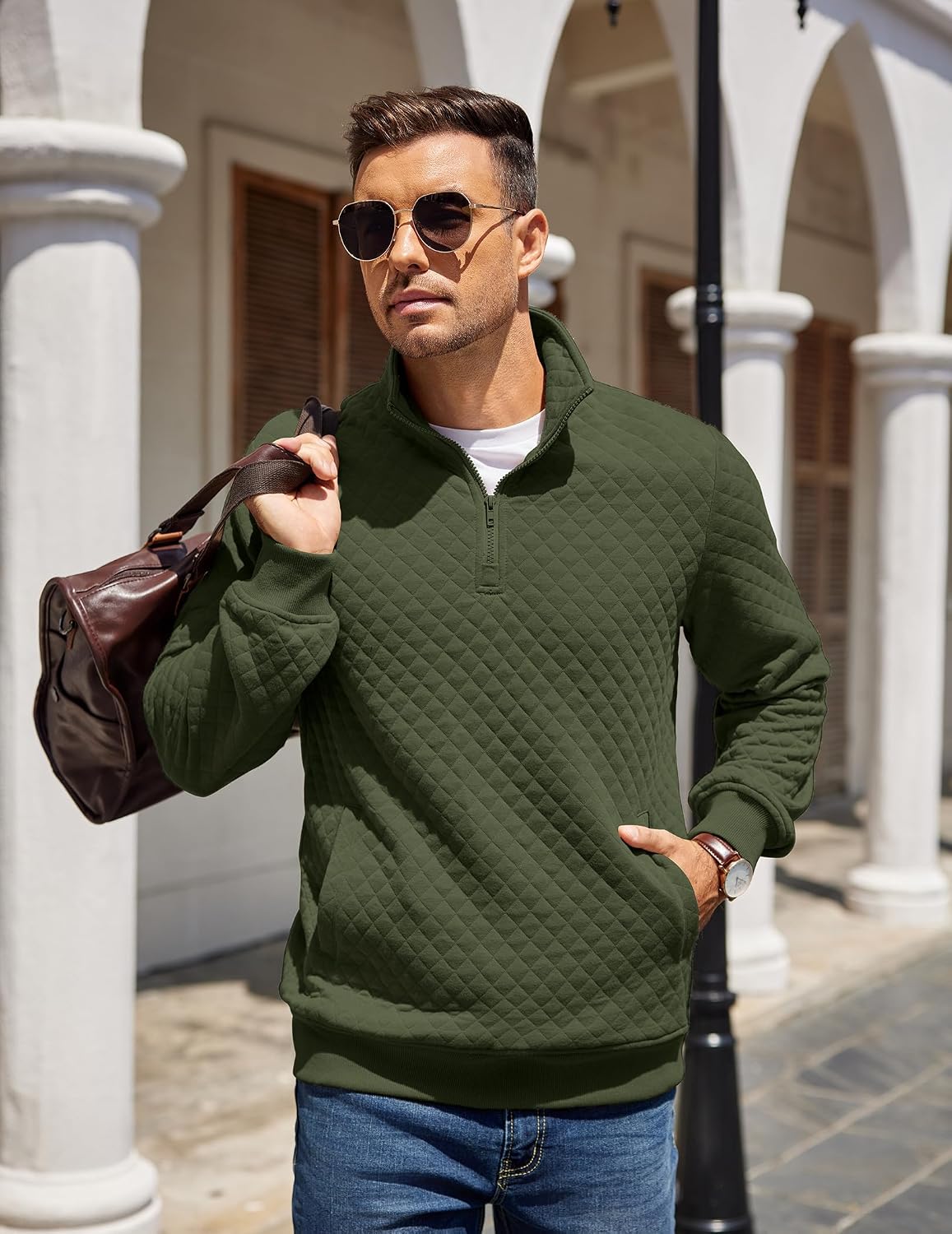 Detalle 2 de COOFANDY Men's Quilted Quarter-Zip Pullover with Mock Neck and Pocket