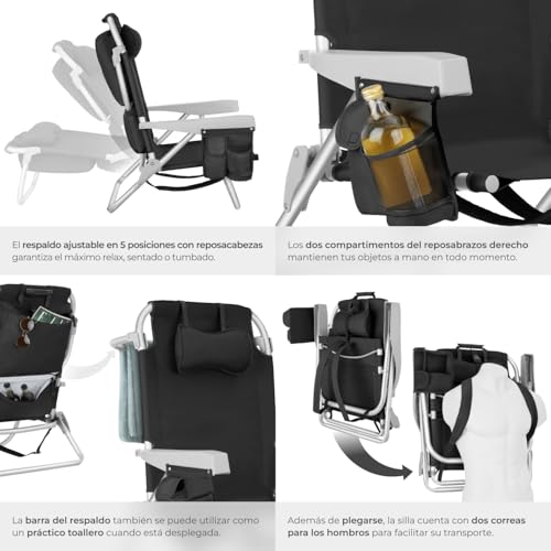 Detalle 2 de tectake Silla Playa Plegable con Respaldo Ajustable - aluminio ligero, mochila integrada (negro)