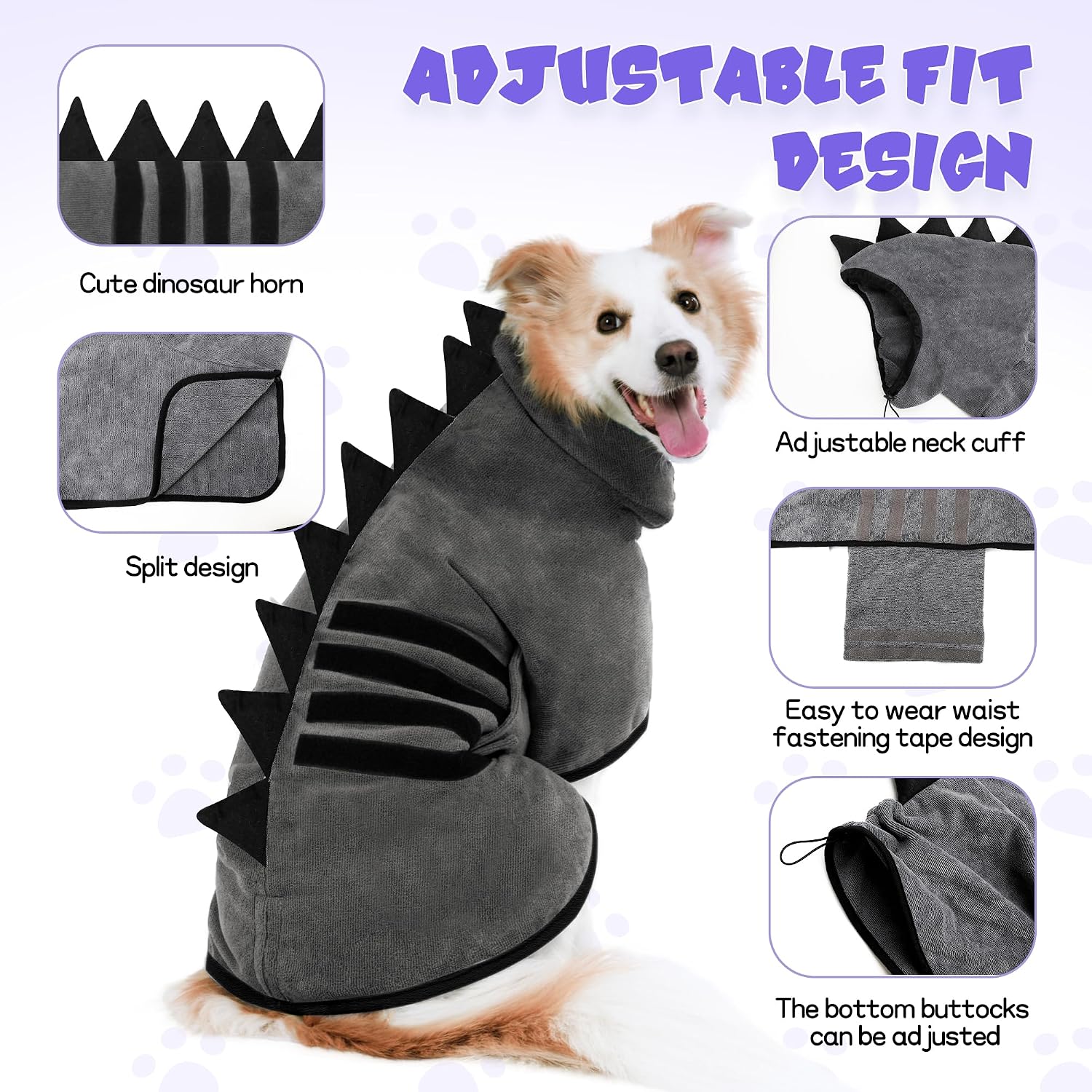 Thumbnail 2 de HezzLuv Hunde-Bademantel aus Mikrofaser, schnell trocknend, einstellbar (Grau-Schwarz, L)