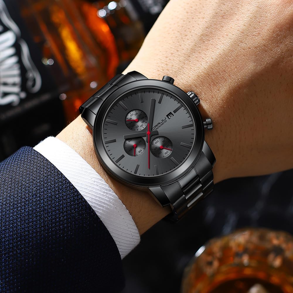 Detalle de CRRJU Herren Chronograph Schwarz Edelstahl – Quarz, Datum, Stoppuhr, 45 mm