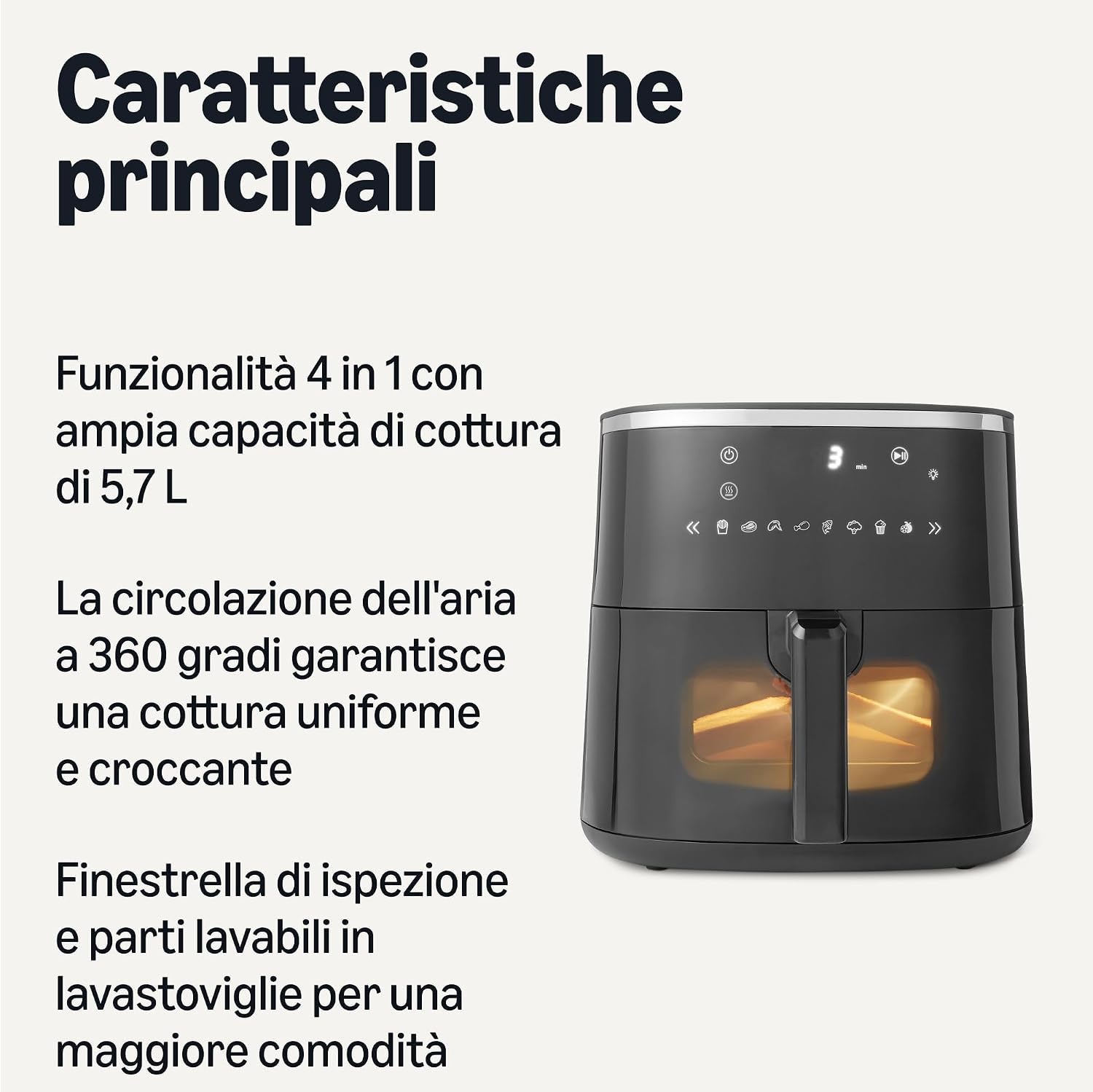 Detalle de Amazon Basics Friggitrice ad Aria 5,7L con Finestra Trasparente – 1750W Nero