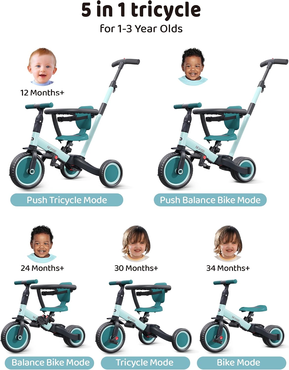 Thumbnail 2 de newyoo TR008 Toddler Push Tricycle: 5-in-1 Baby Ride-On for Ages 1–3
