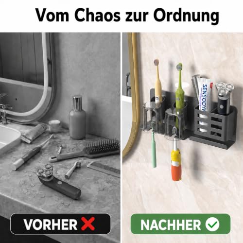 Detalle de KEXIBO Zahnbürstenhalter Wand Ohne Bohren – Aluminium, Klebehalterung für 2 Becher, Grau