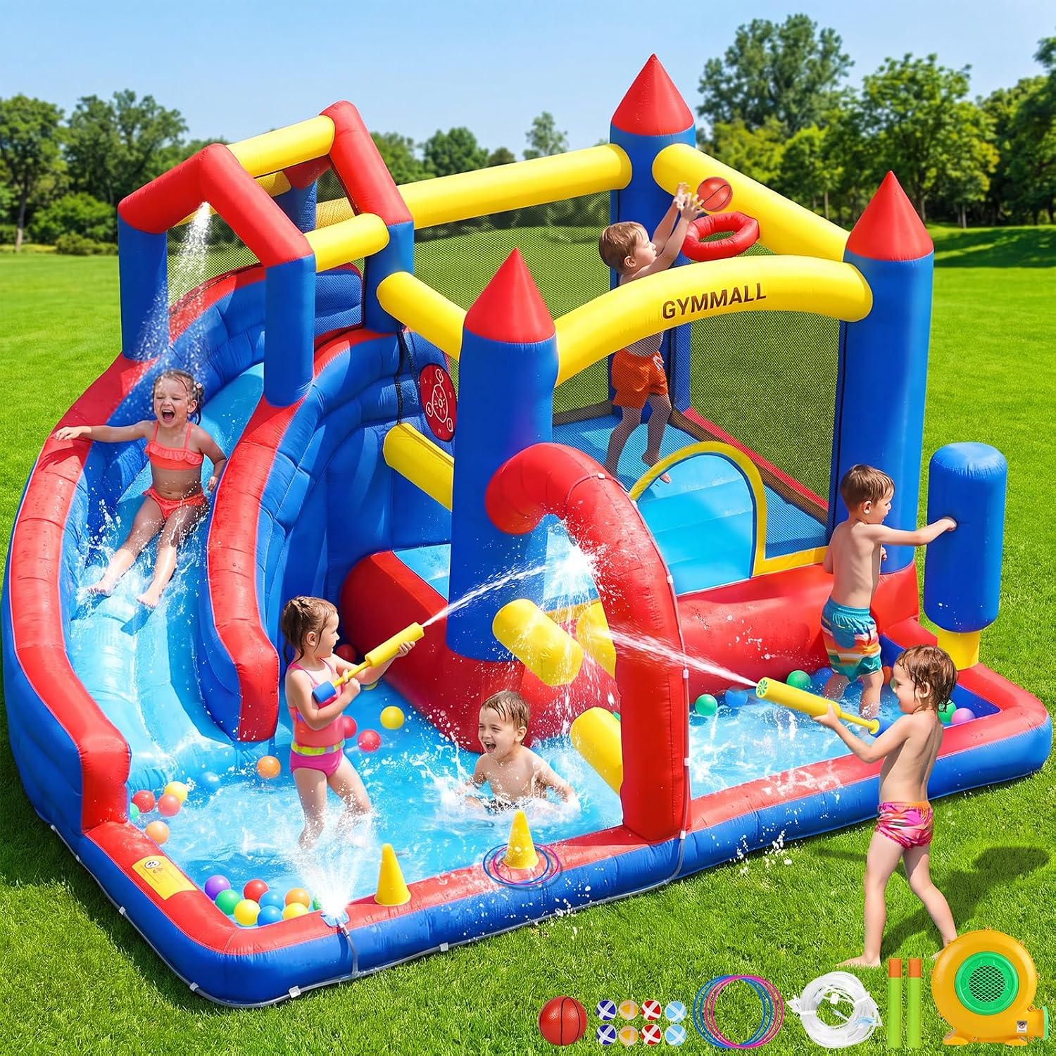 Detalle de GYMMALL 9-in-1 Bounce House with Slide, Climbing Wall and Water Fun for Kids