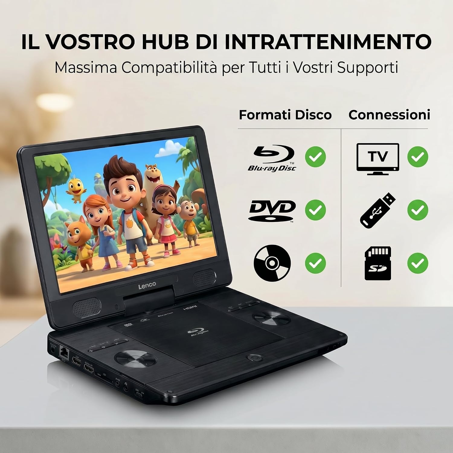Detalle de Lenco BRP-1150 lettore Blu-Ray portatile con schermo TFT girevole da 11,5" e batteria integrata