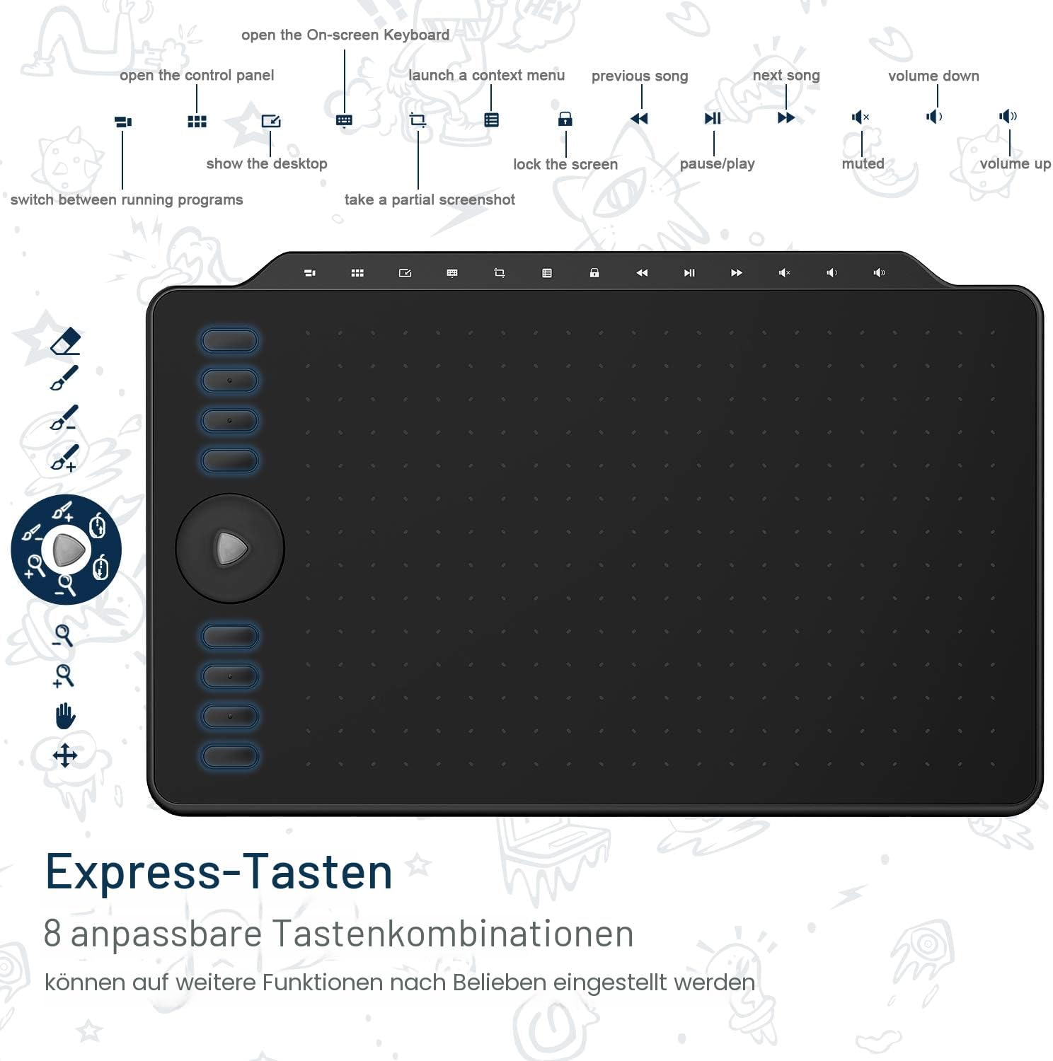 Detalle de GAOMON M1220 Stifttablett mit 13 Multimedia-Tasten und 8 Zeichen-Tasten – für Android, Windows & macOS