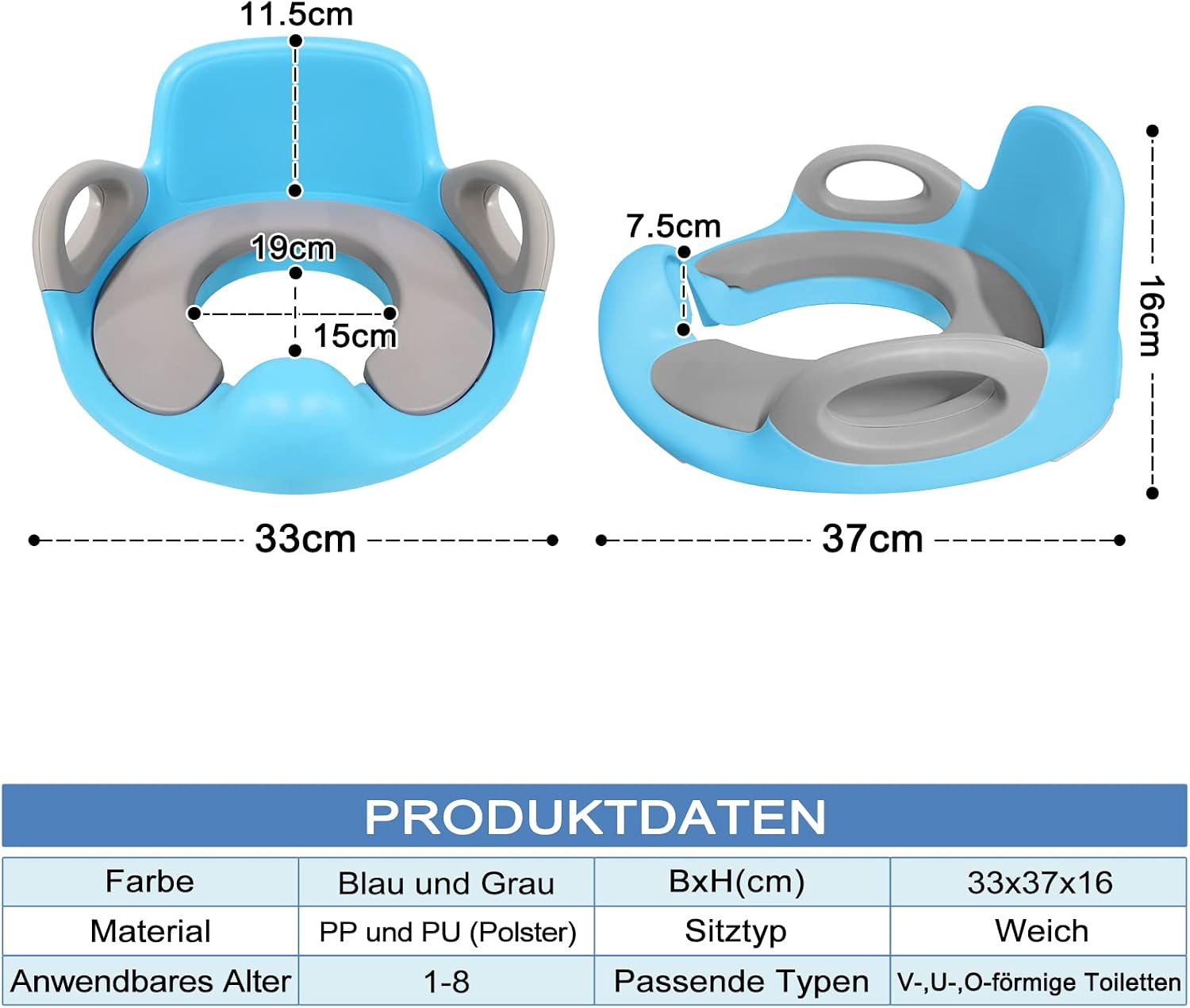 Detalle de UISEBRT Children's Toilet Trainer Seat with Cushion, Handles and Backrest, Blue and Grey