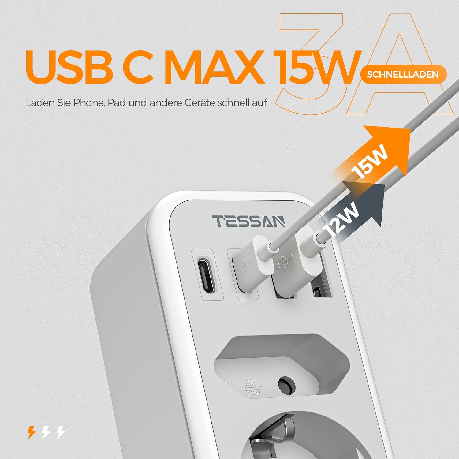 Detalle de TESSAN 6-in-1 Reiseadapter England/Deutschland (Typ G) mit 2× USB-C und 2× USB-A