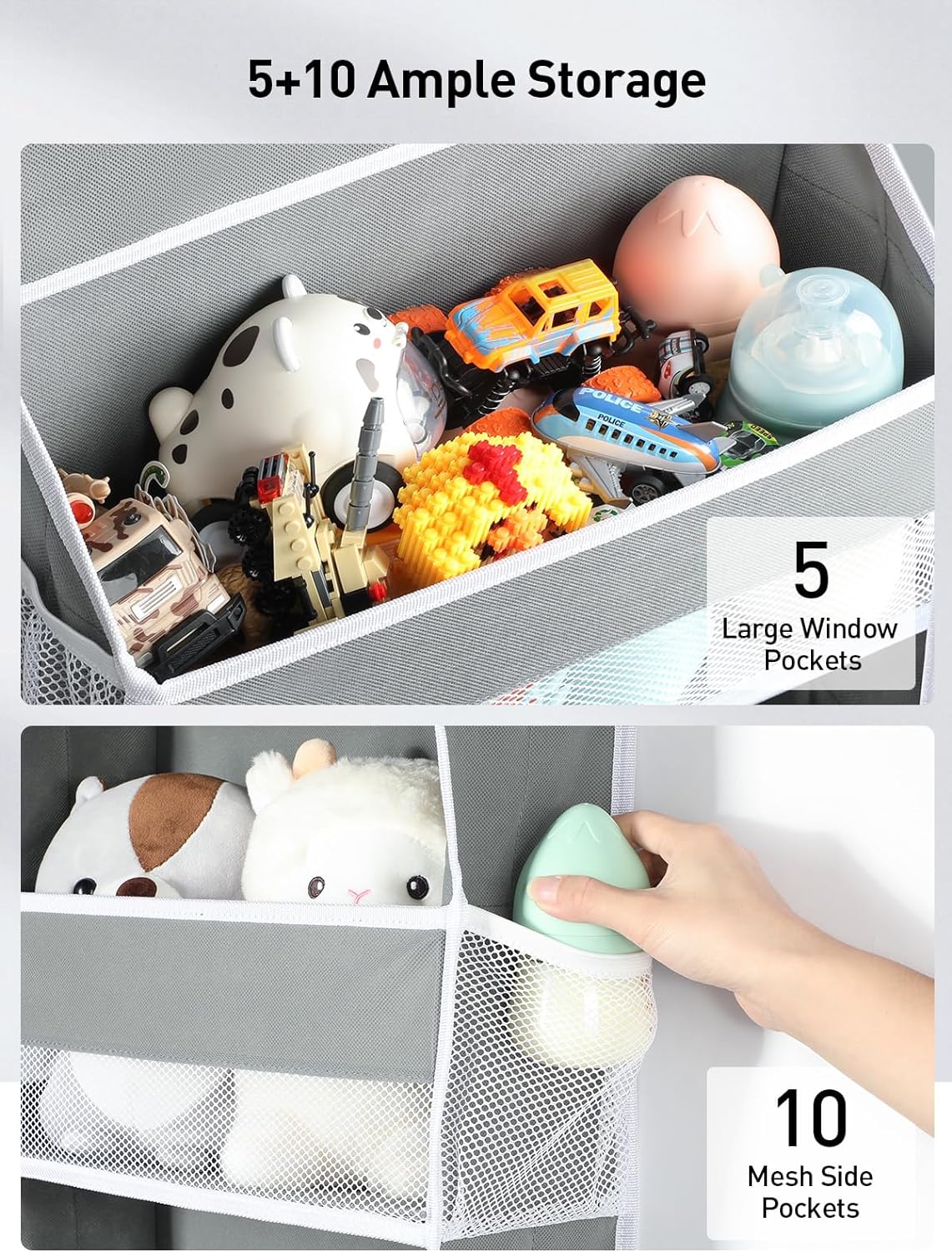 Detalle de Yecaye Baby Essentials Over-the-Door Organizer, 5 Bins, 10 Side Pockets, Grey