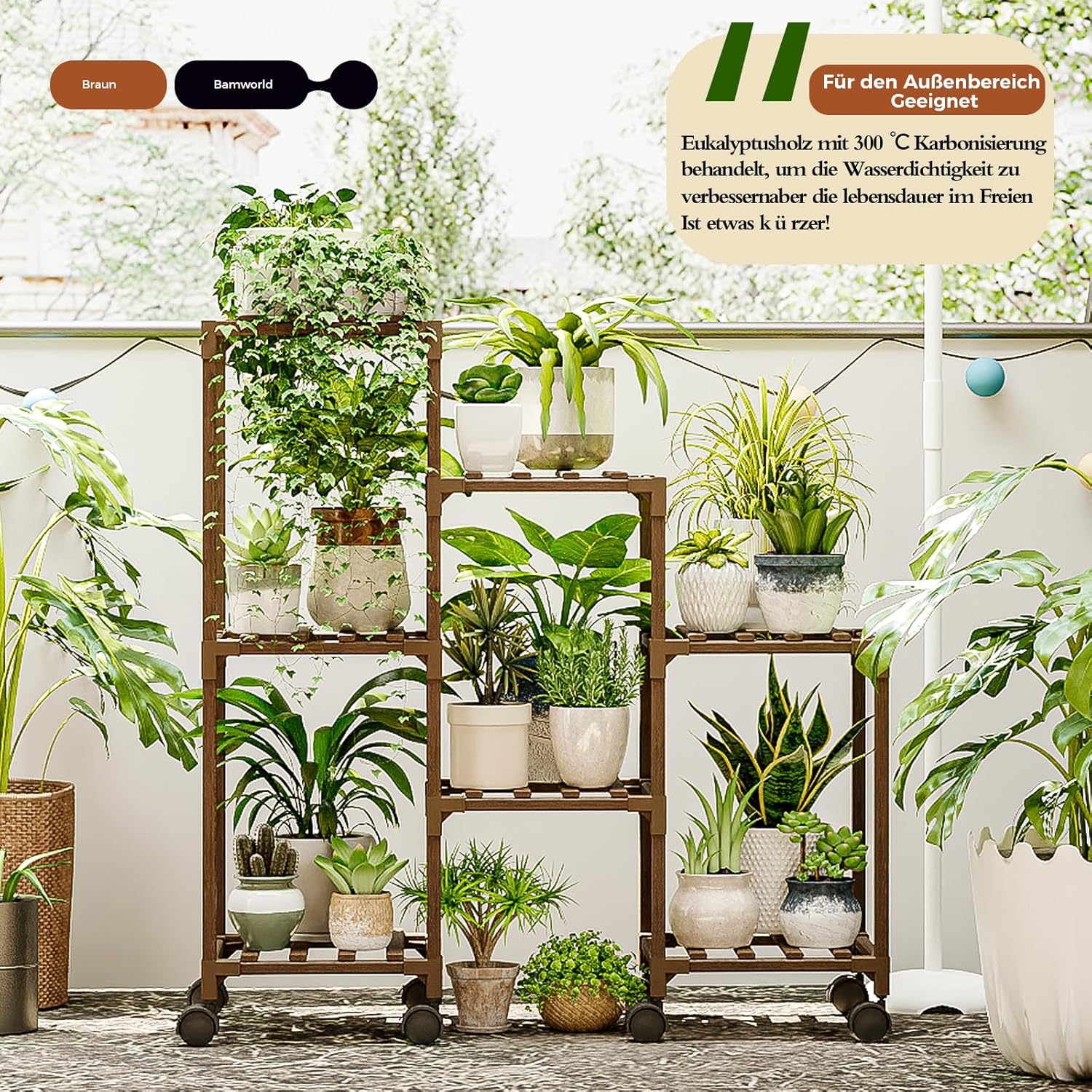 Detalle 2 de Bamworld Pflanzenständer aus Holz für Zimmerpflanzen & Outdoor – gestuftes Leiterregal mit Rollen