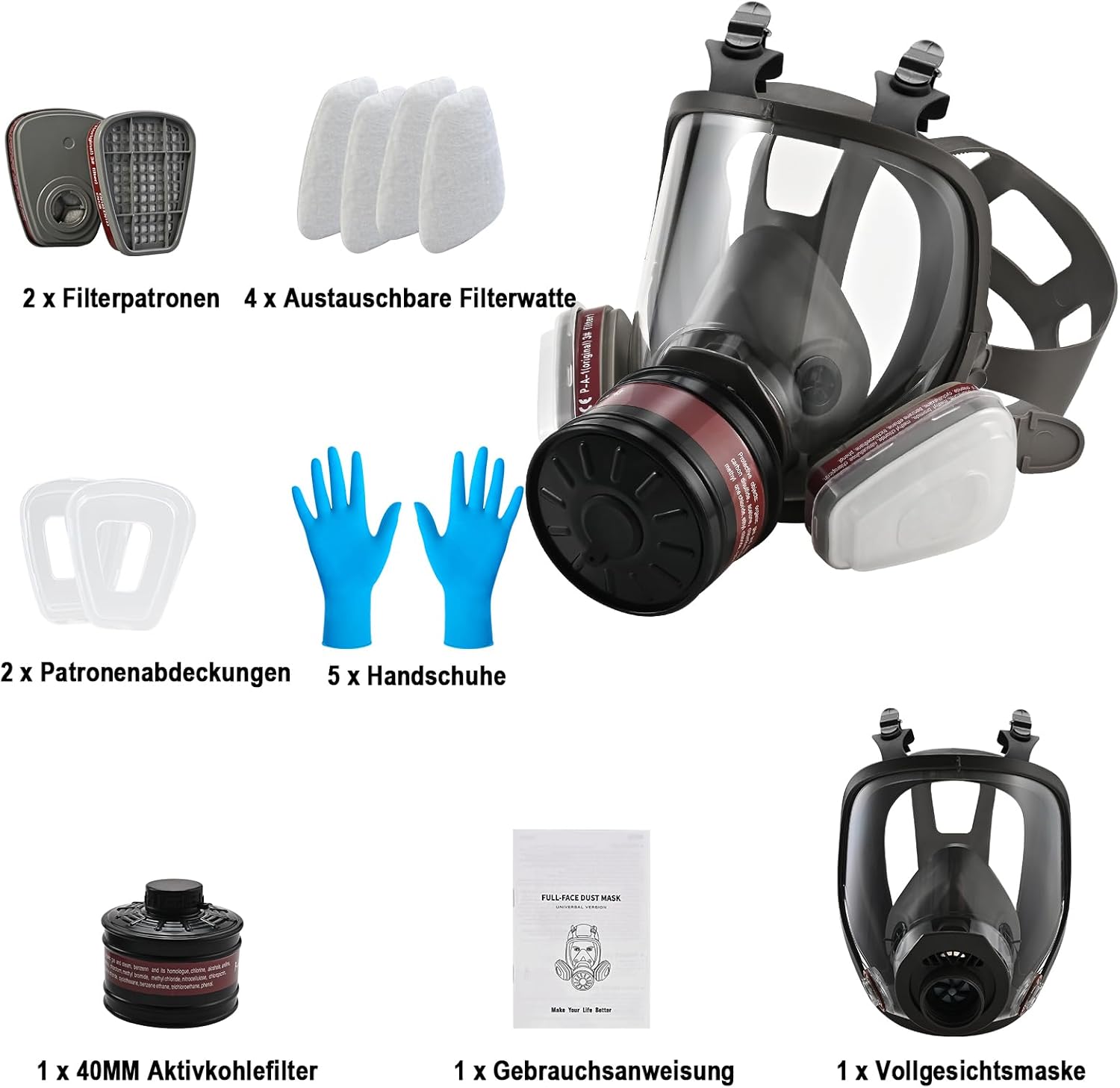 Detalle de Faburo Atemschutzmaske-Set mit Vollgesichtsmaske und 40-mm-Filter