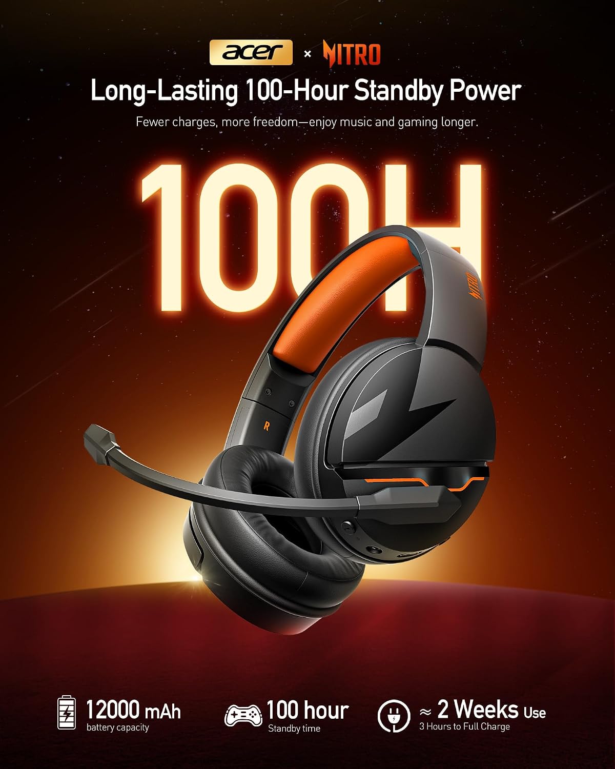Detalle de Acer Wireless Gaming Headset (Orange) – 2.4GHz PS5/PS4/PC Headset with Bluetooth 5.3