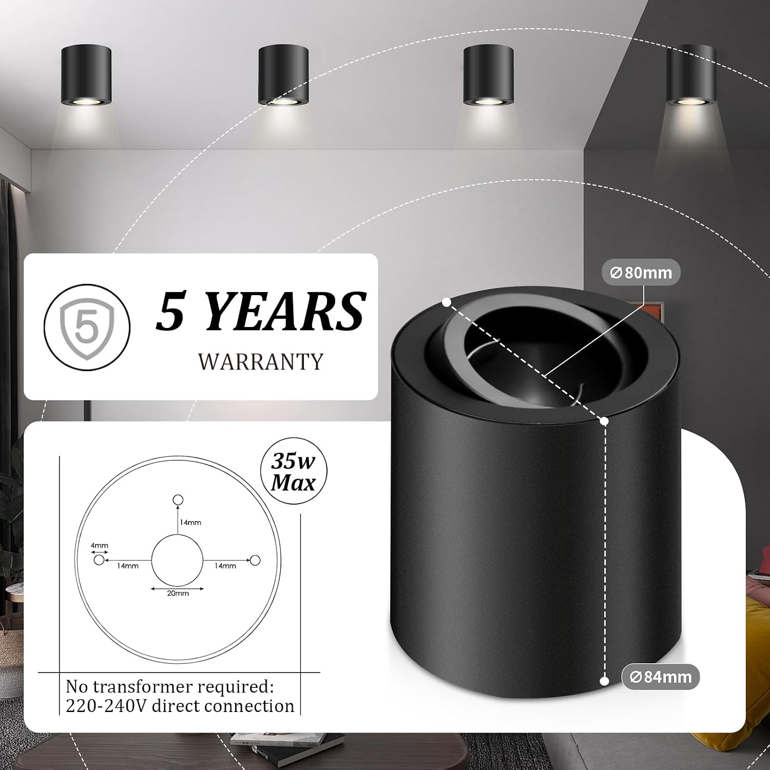 Thumbnail 3 de GeyouLux Aufbauspot GU10 mit 30° Schwenkfunktion (schwarz), Aluminium-Aufputz-Deckenspots für 230 V – ohne Leuchtmittel
